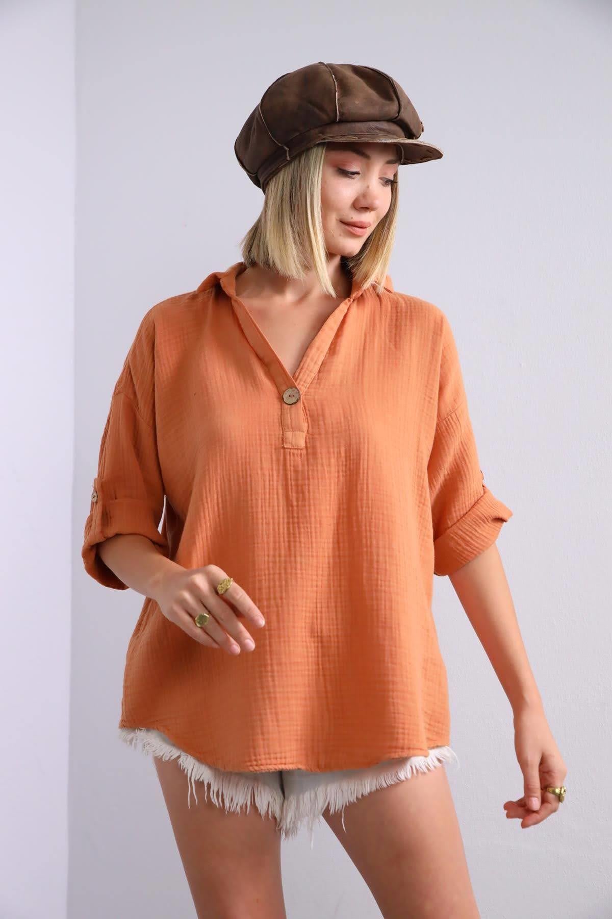 Somon Rengi Tek Düğme Kolu Apoletli Gömlek - Şaman Butik Somon Rengi Tek Düğme Kolu Apoletli Gömlek