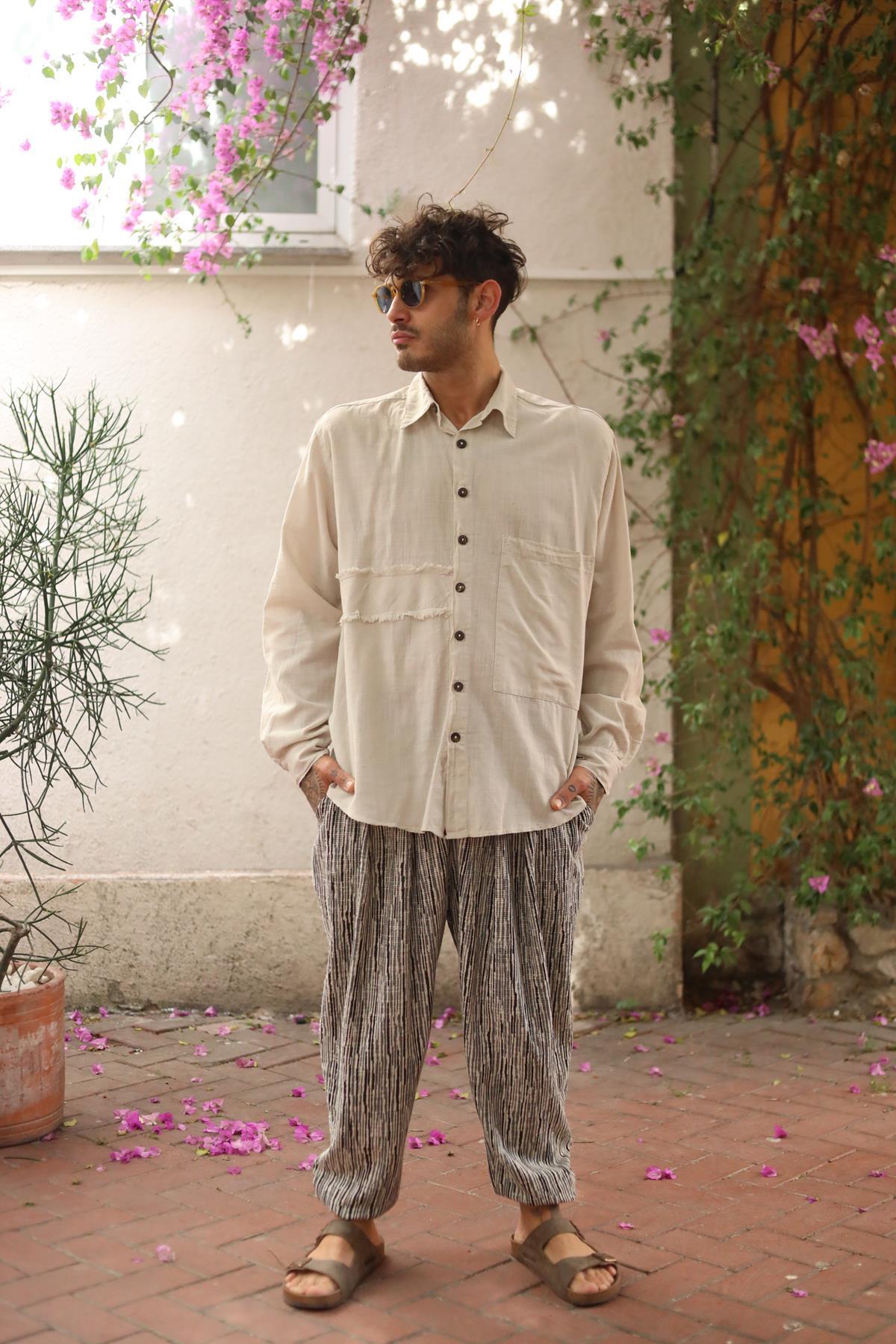 Ecru Pleated Waist Gathered Patterned Mens Pants