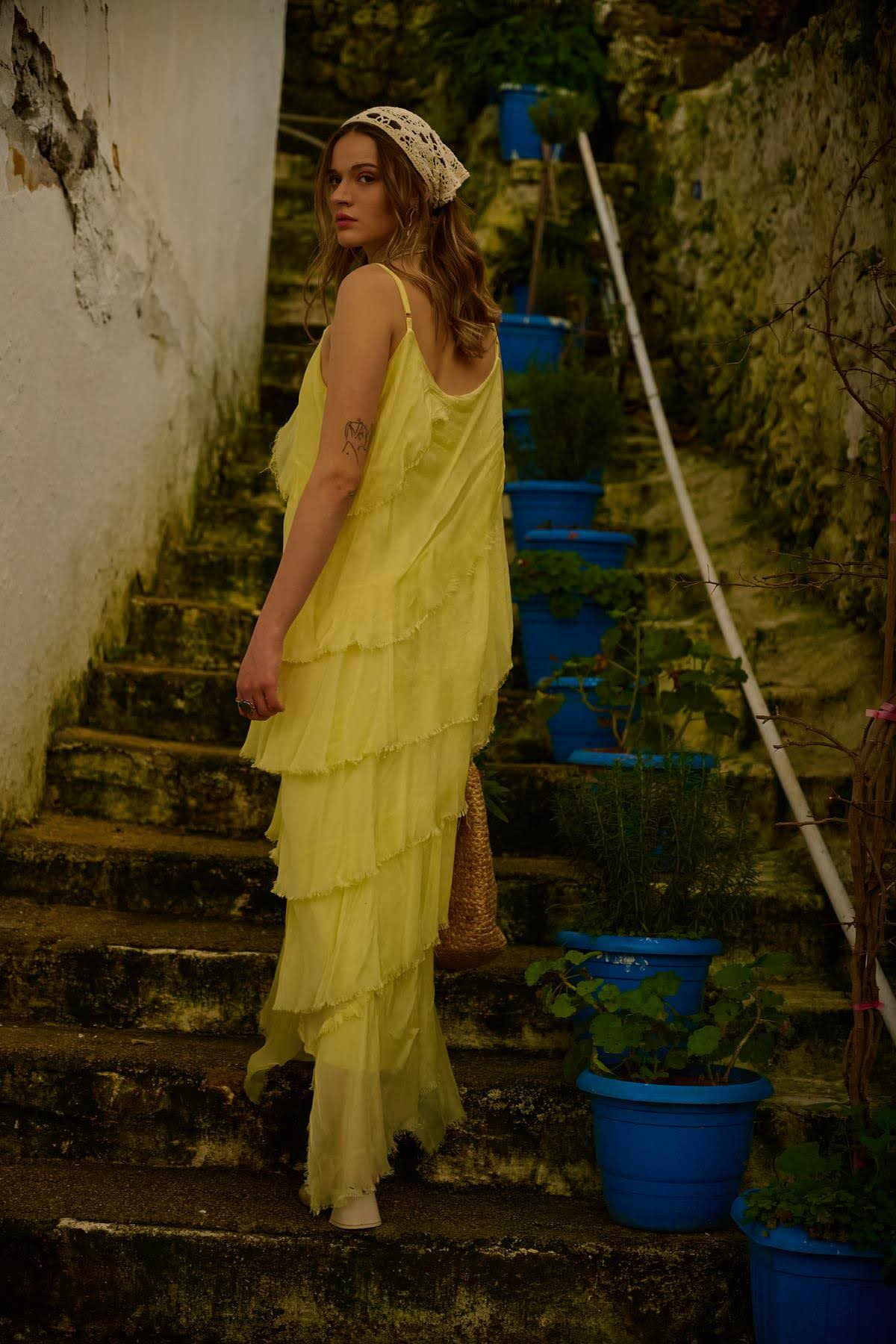 Yellow Adjustable Strappy Layered Silk Dress