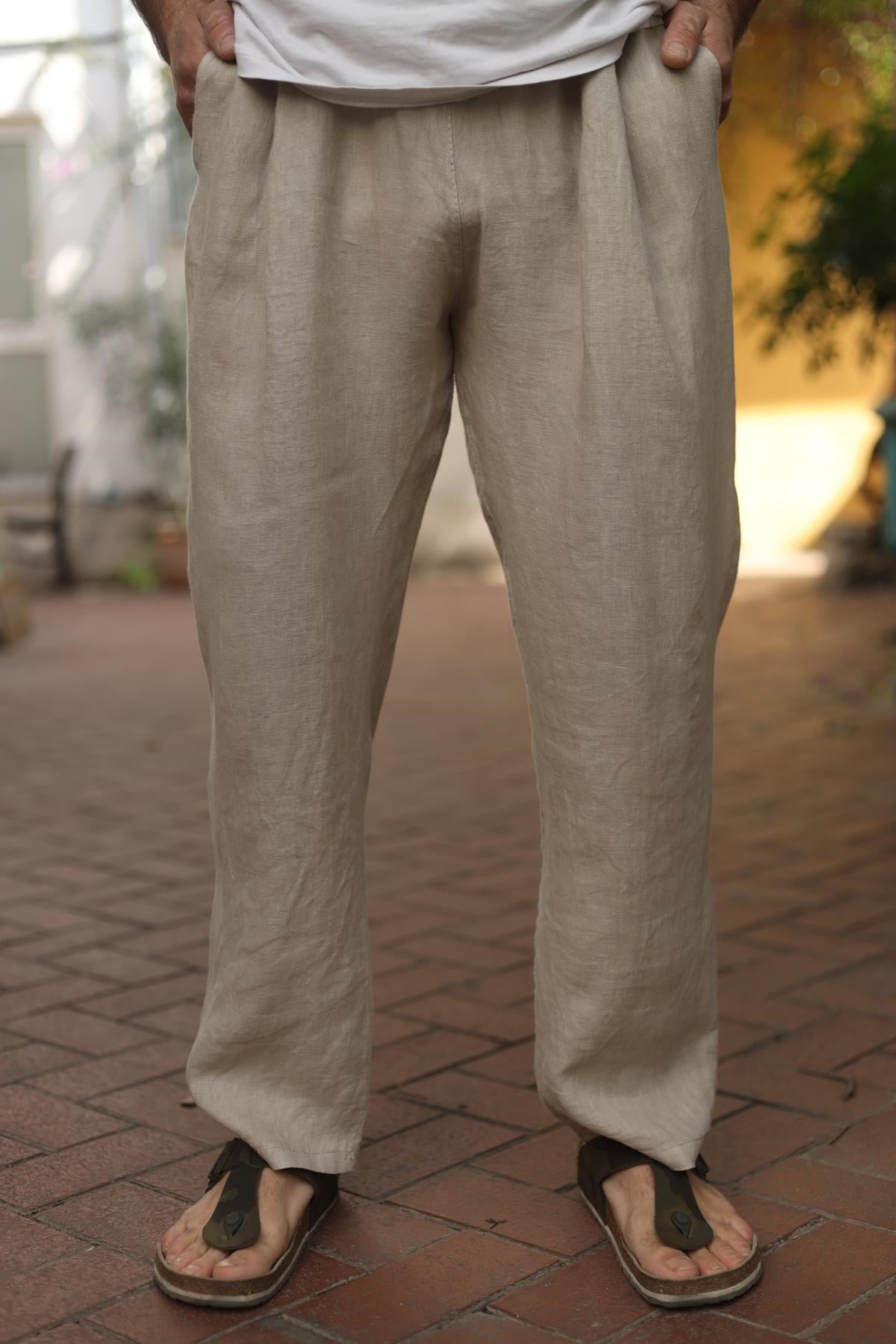Taş Rengi Pileli Erkek Keten Pantolon