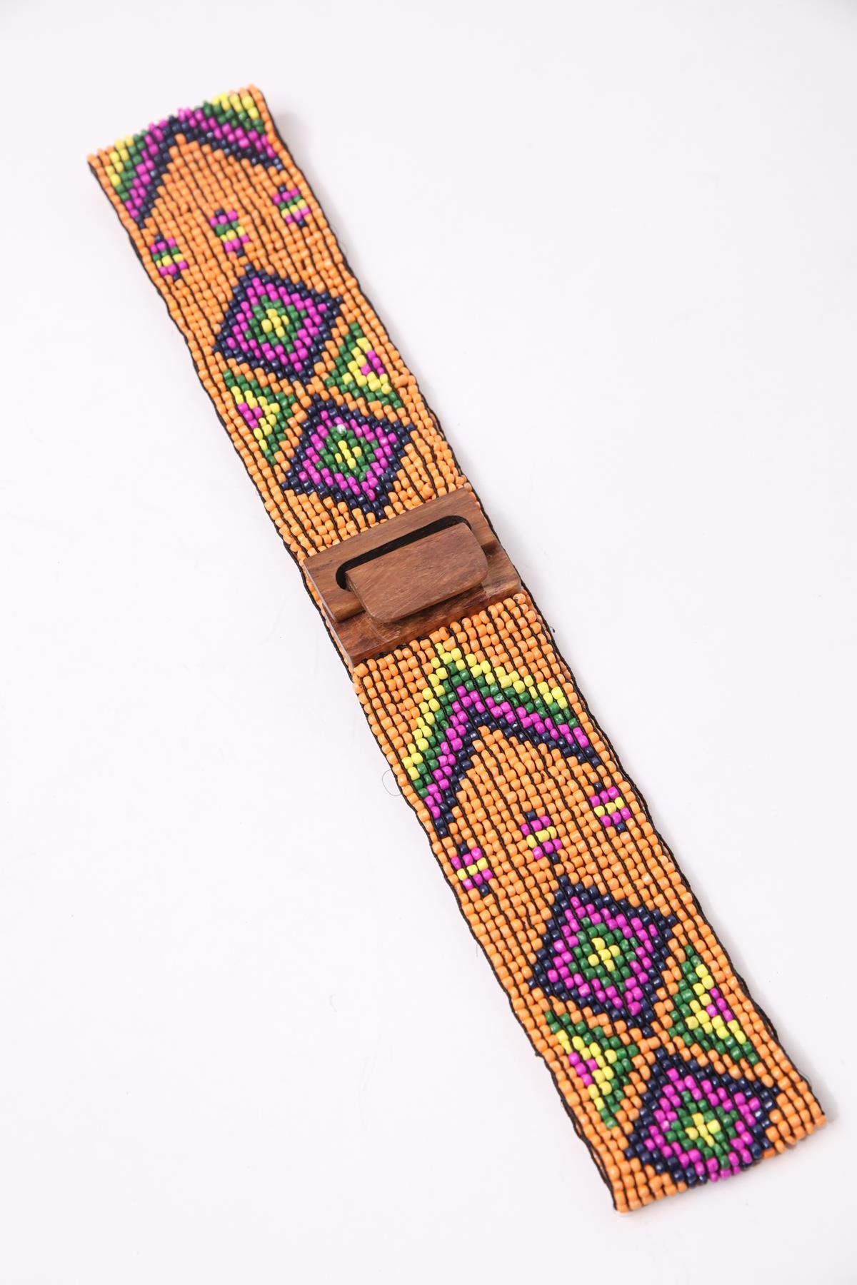 Orange Wooden Buckle Detailed Beaded Elastic Belt
