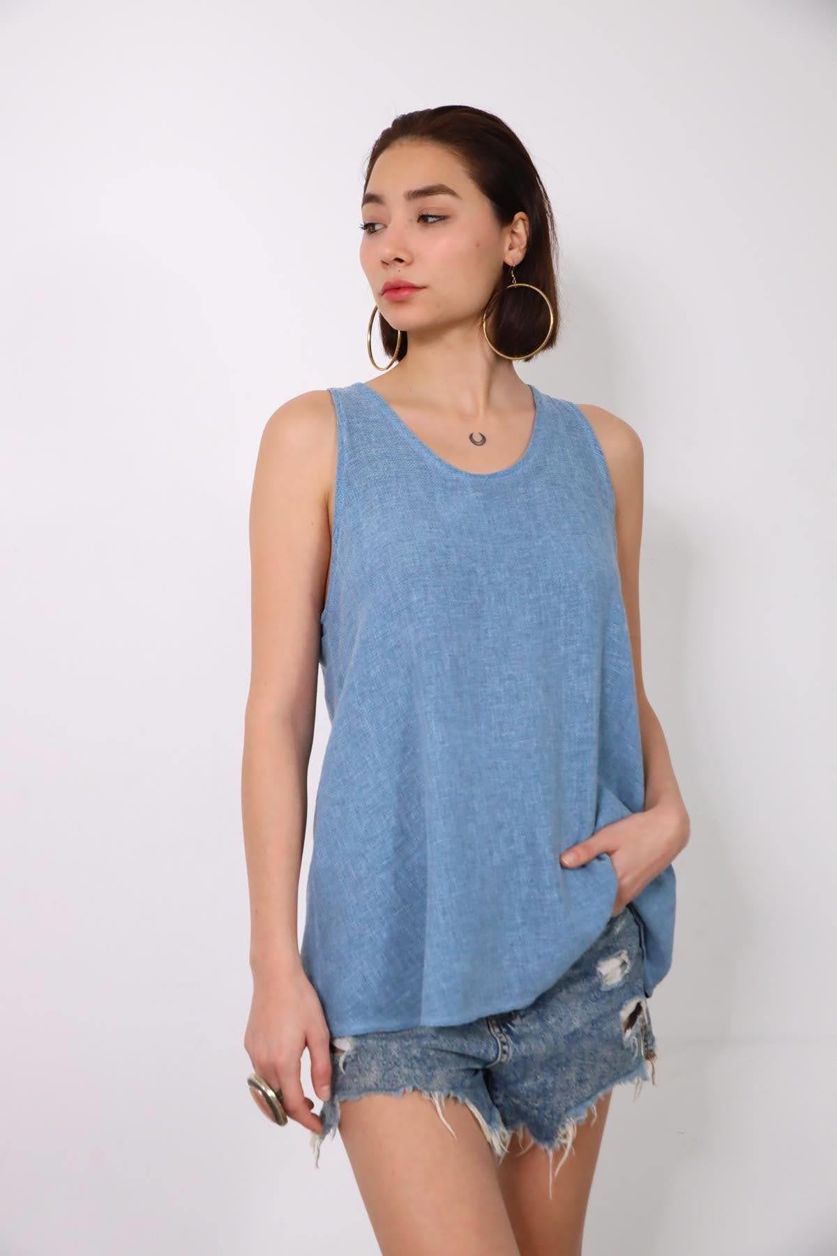 İndigo Mavi Sırtı Bağlamalı Askılı Bluz - Şaman Butik İndigo Mavi Sırtı Bağlamalı Askılı Bluz