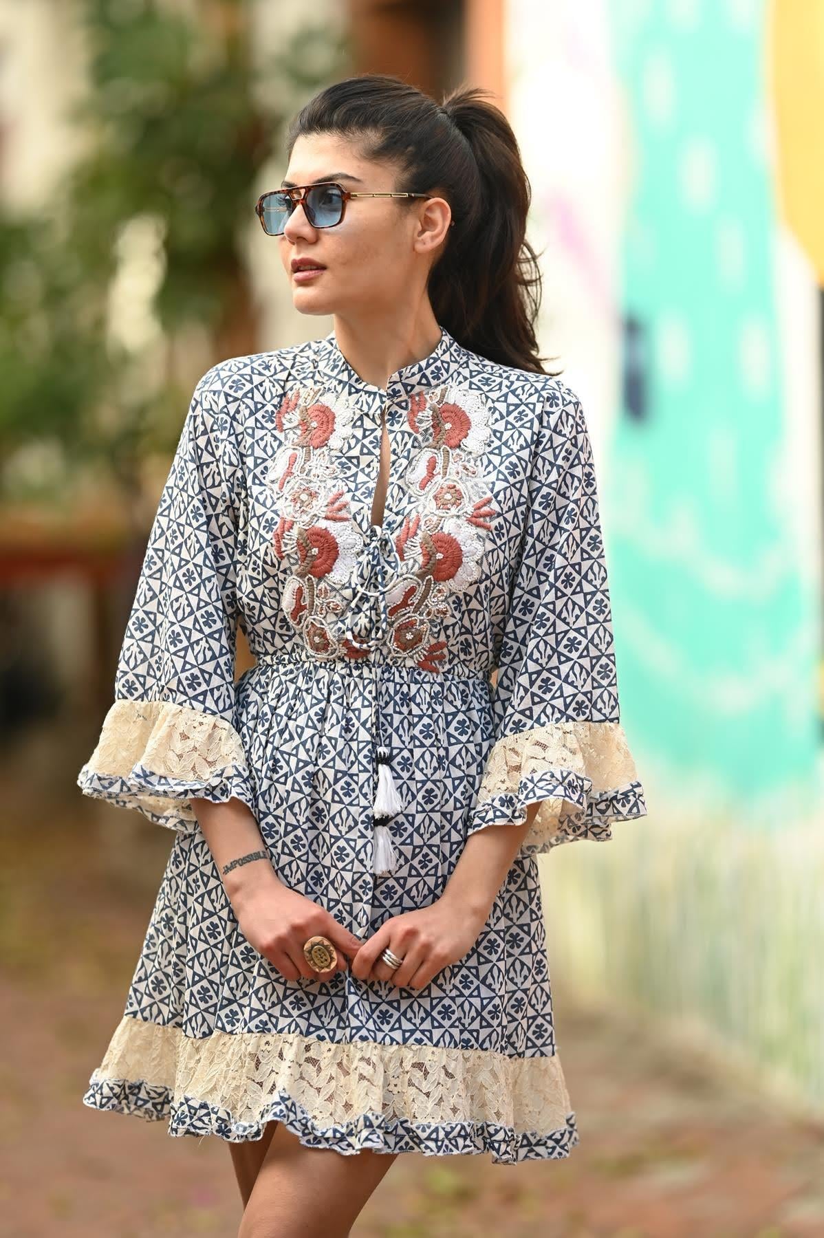 Blue Patterned Lace Detail Mini Dress