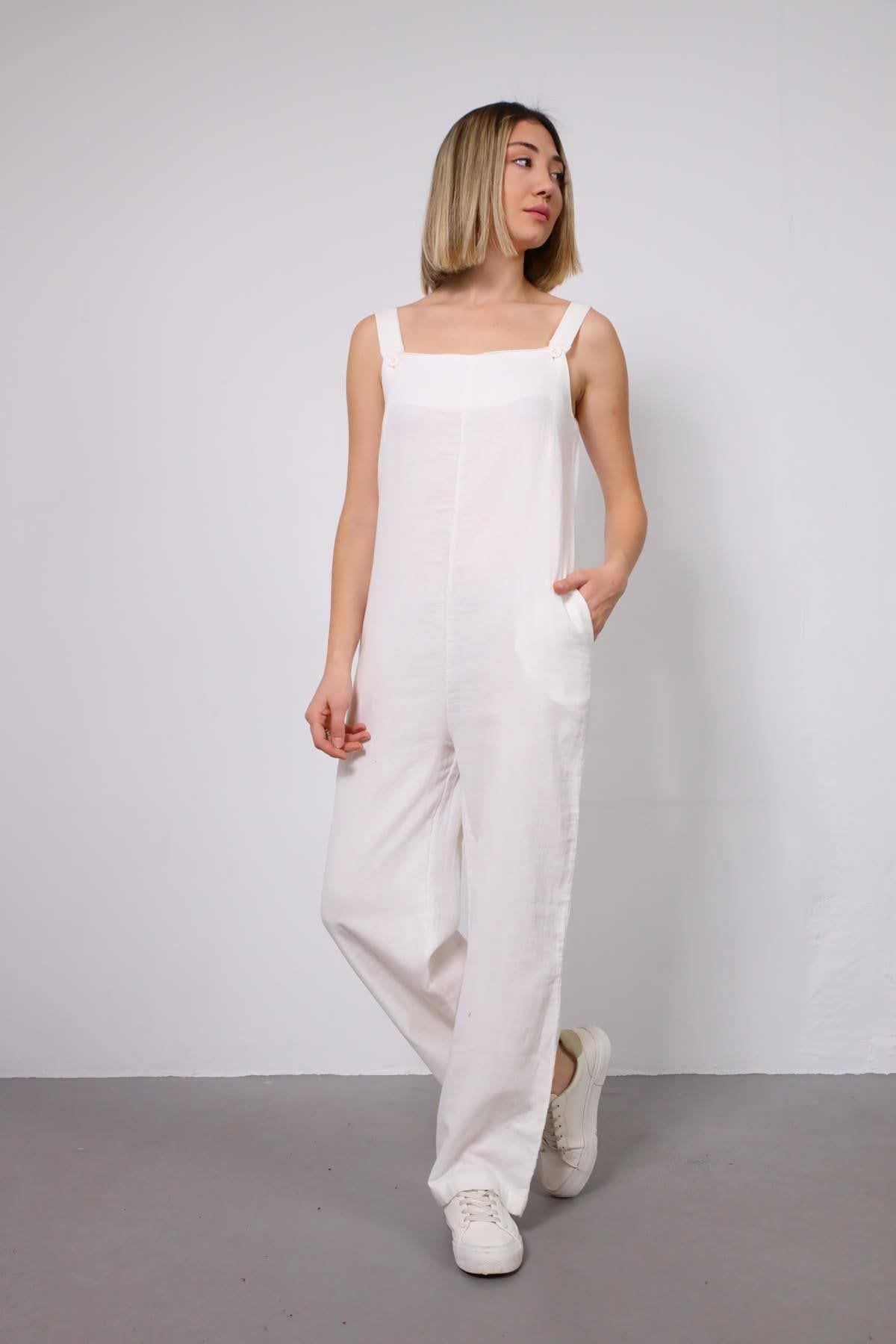 Beyaz Kalın Askılı Keten Tulum - Şaman Butik - Bohem Giyim ve Aksesuar | Kadın & Erkek Beyaz Kalın Askılı Keten Tulum