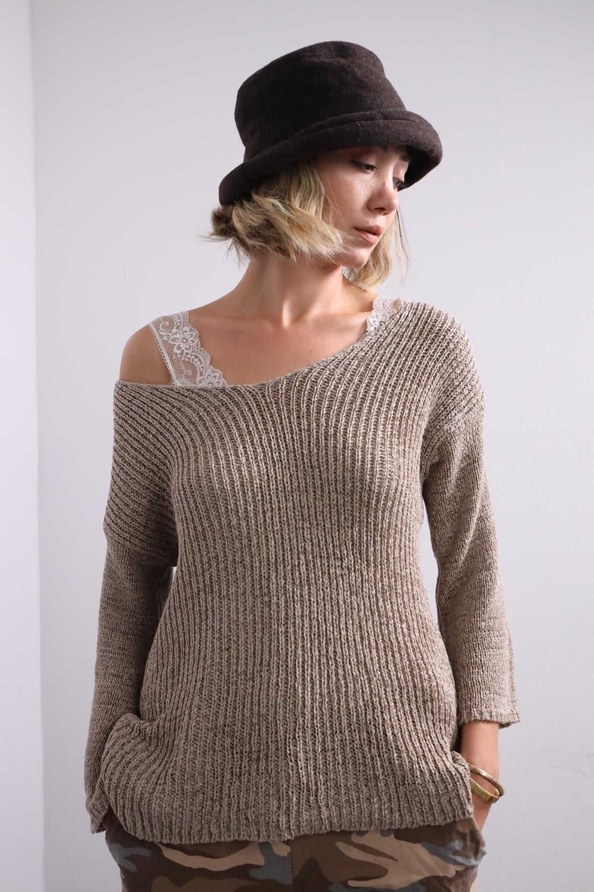 Vizon Rengi V Yaka Uzun Kollu Merserize - Şaman Butik Vizon Rengi V Yaka Uzun Kollu Merserize