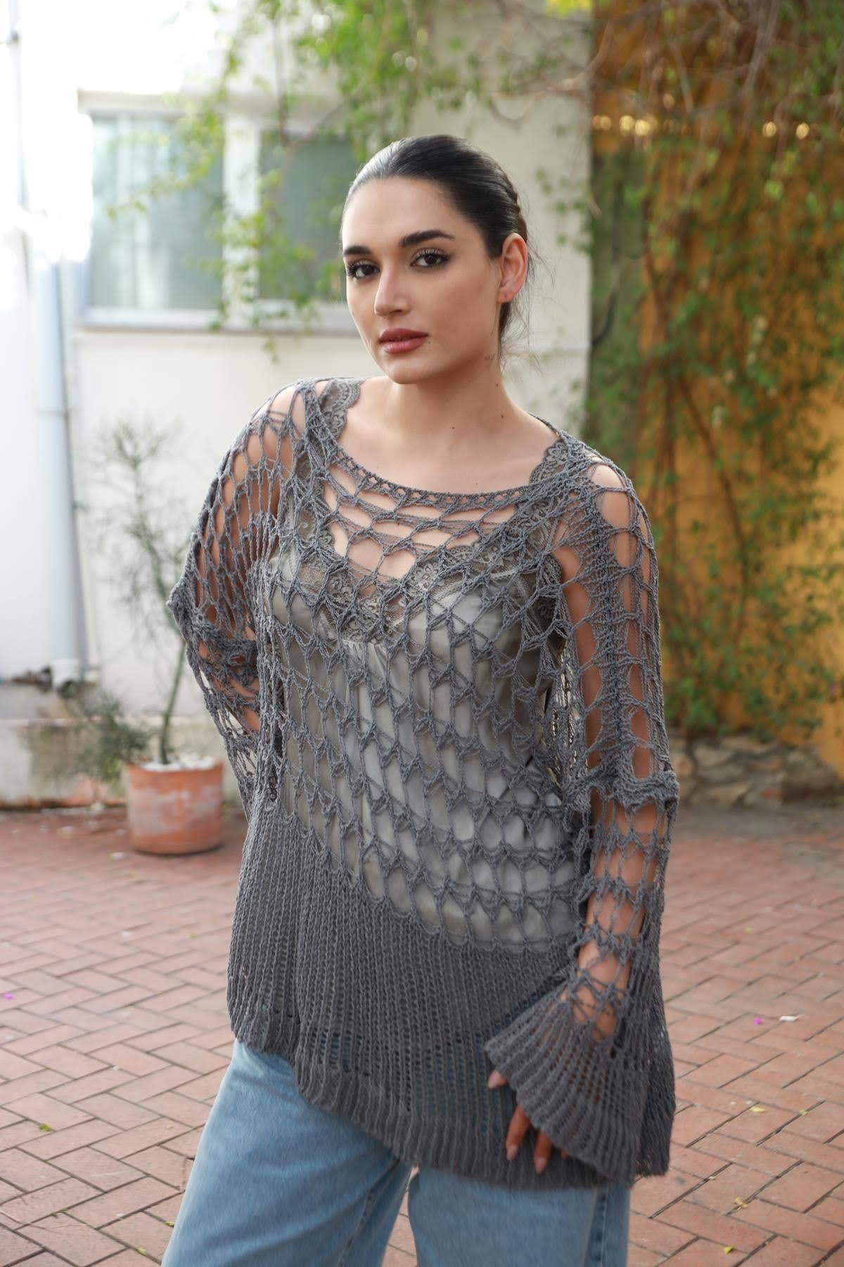 Gray Mesh Piece Detailed Knit Blouse