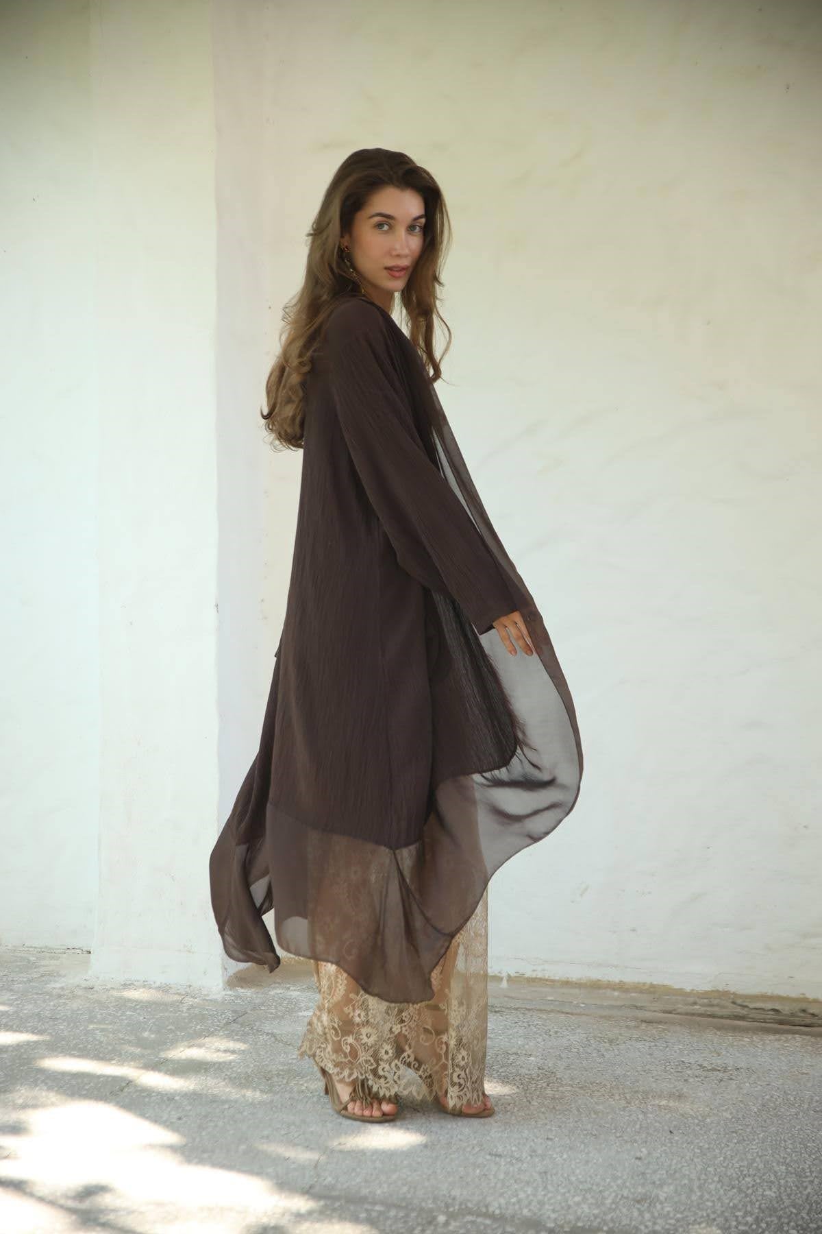 Kahverengi Yaka Detaylı Krinkıl Kaftan