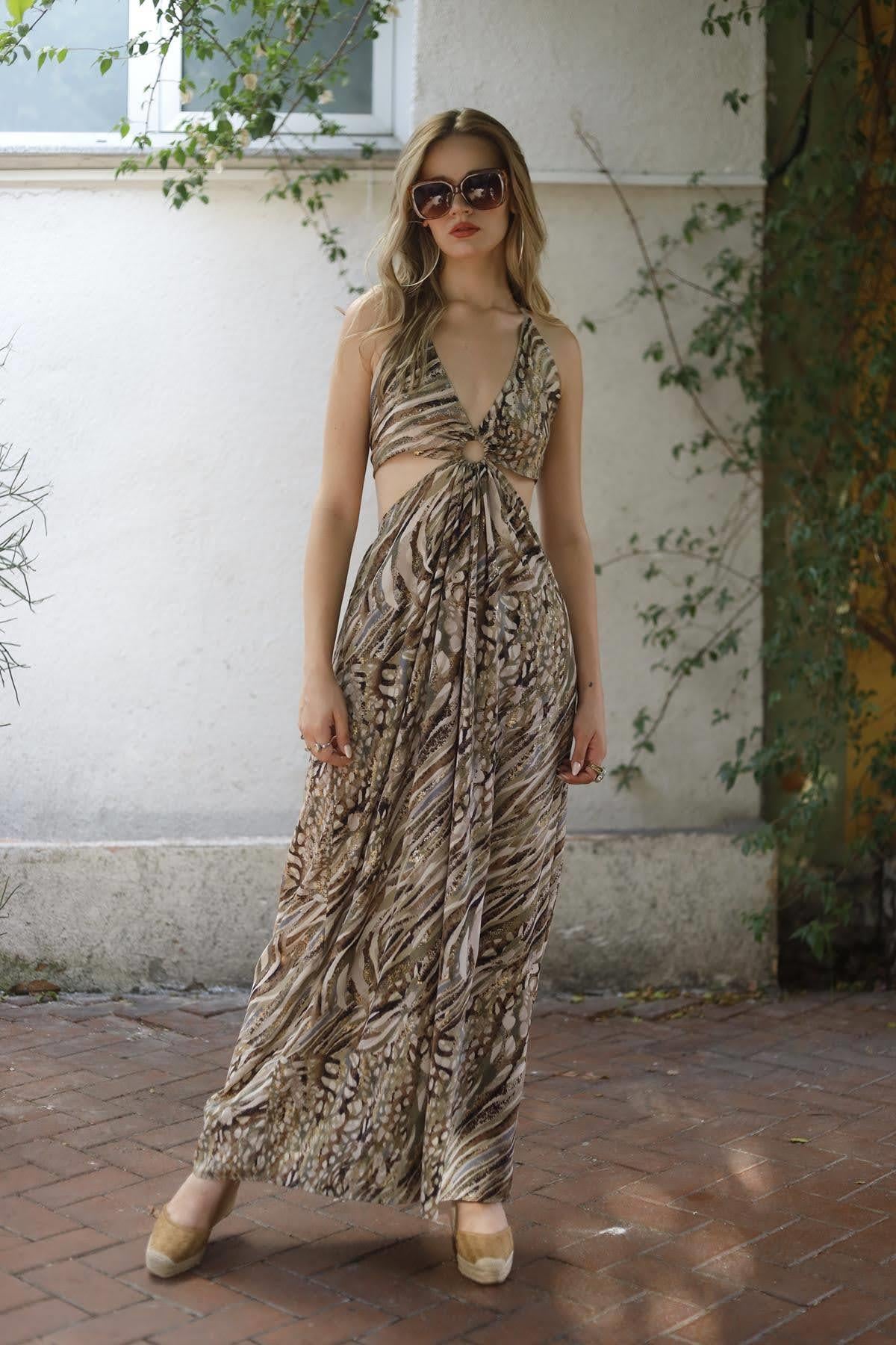 Khaki Strappy Backless Silk Dress