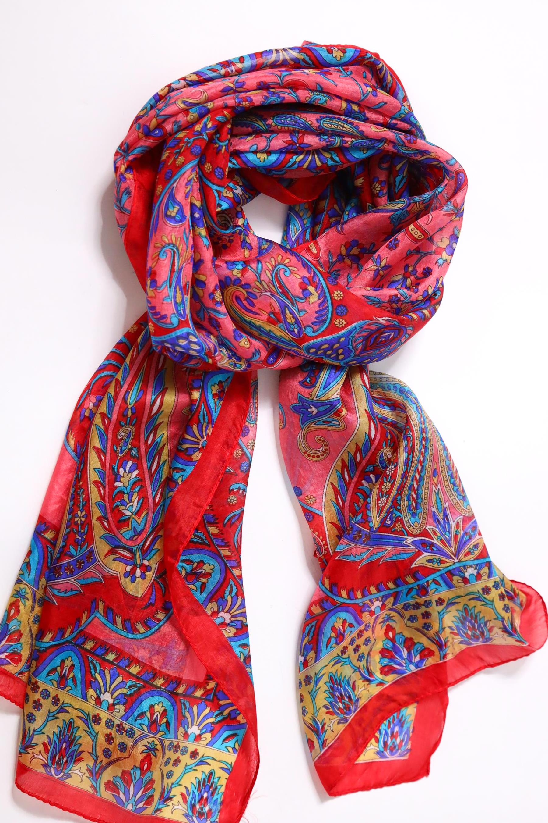 Kırmızı Desenli İpek Şal - Şaman Butik Kırmızı Desenli İpek Şal