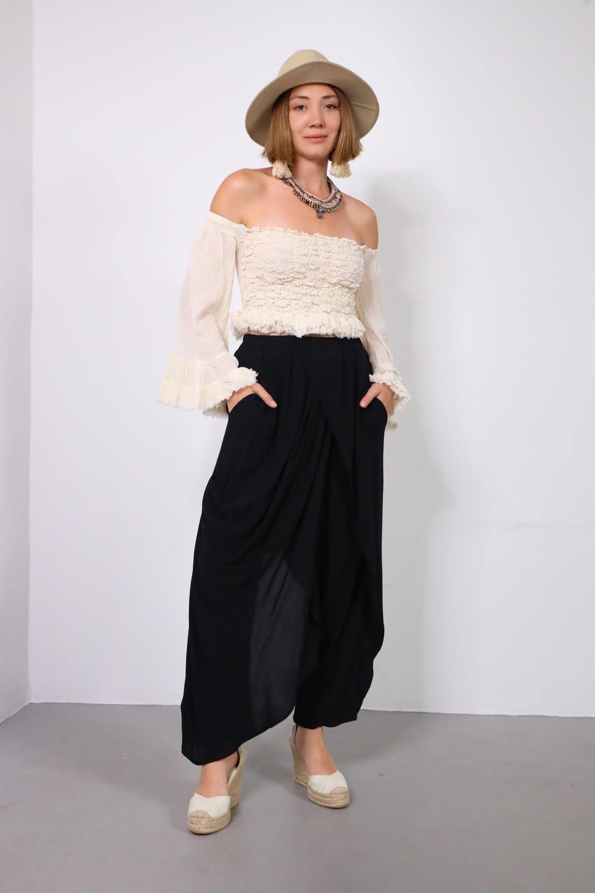 Siyah Beli Lastikli Kruvaze Pantolon - Şaman Butik - Bohem Giyim ve Aksesuar | Kadın & Erkek Siyah Beli Lastikli Kruvaze Pantolon