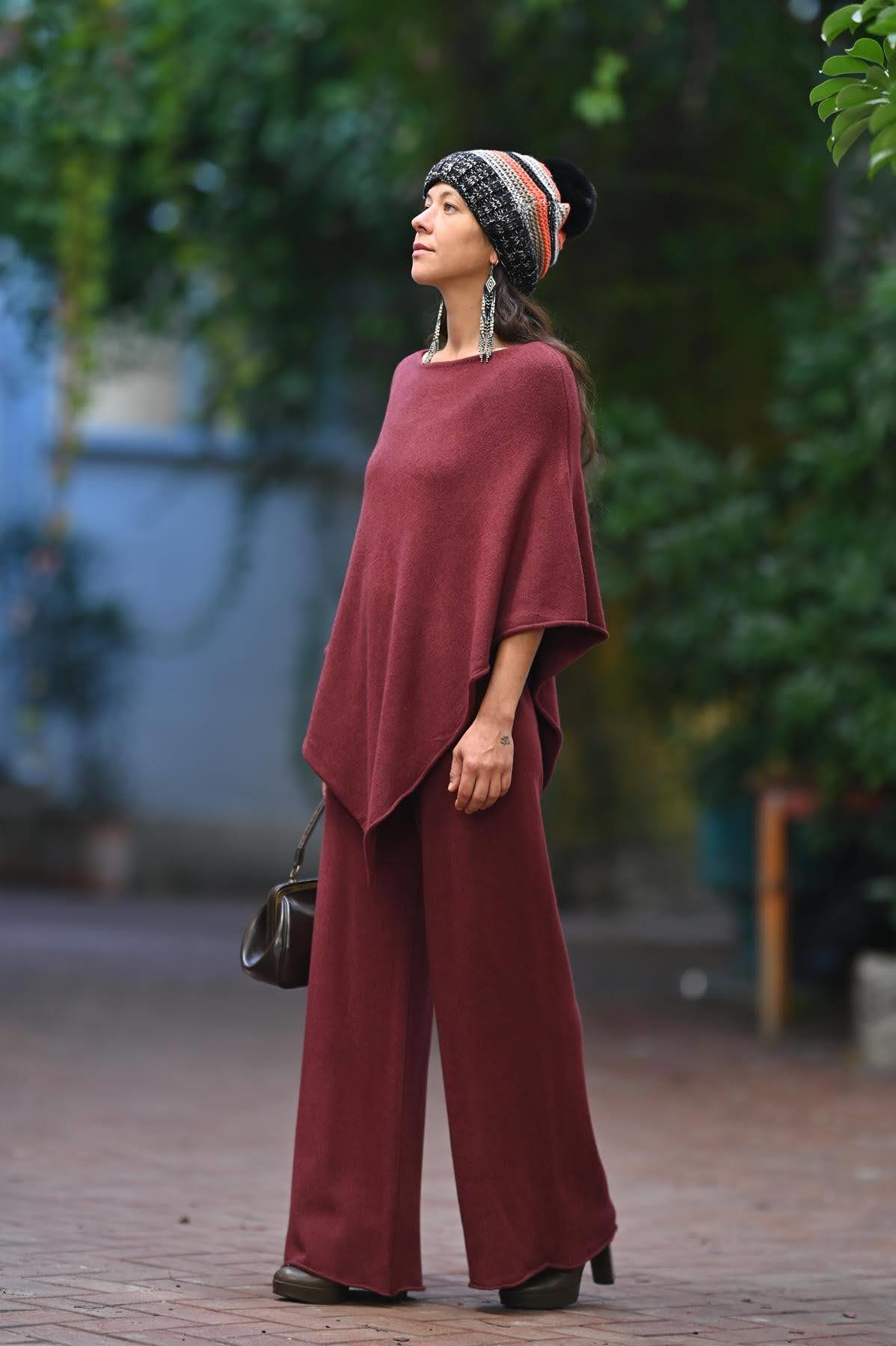 Bordo Yumuşak Doku Panço ve Pantolon Takım