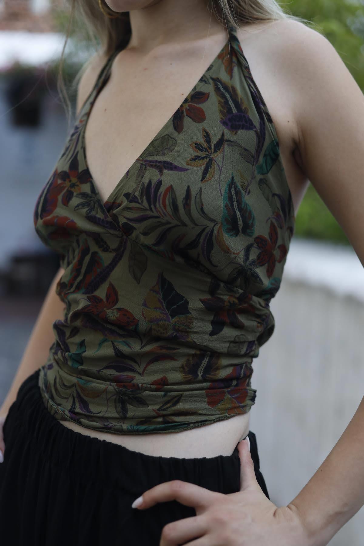 Khaki Patterned Tie Back Blouse
