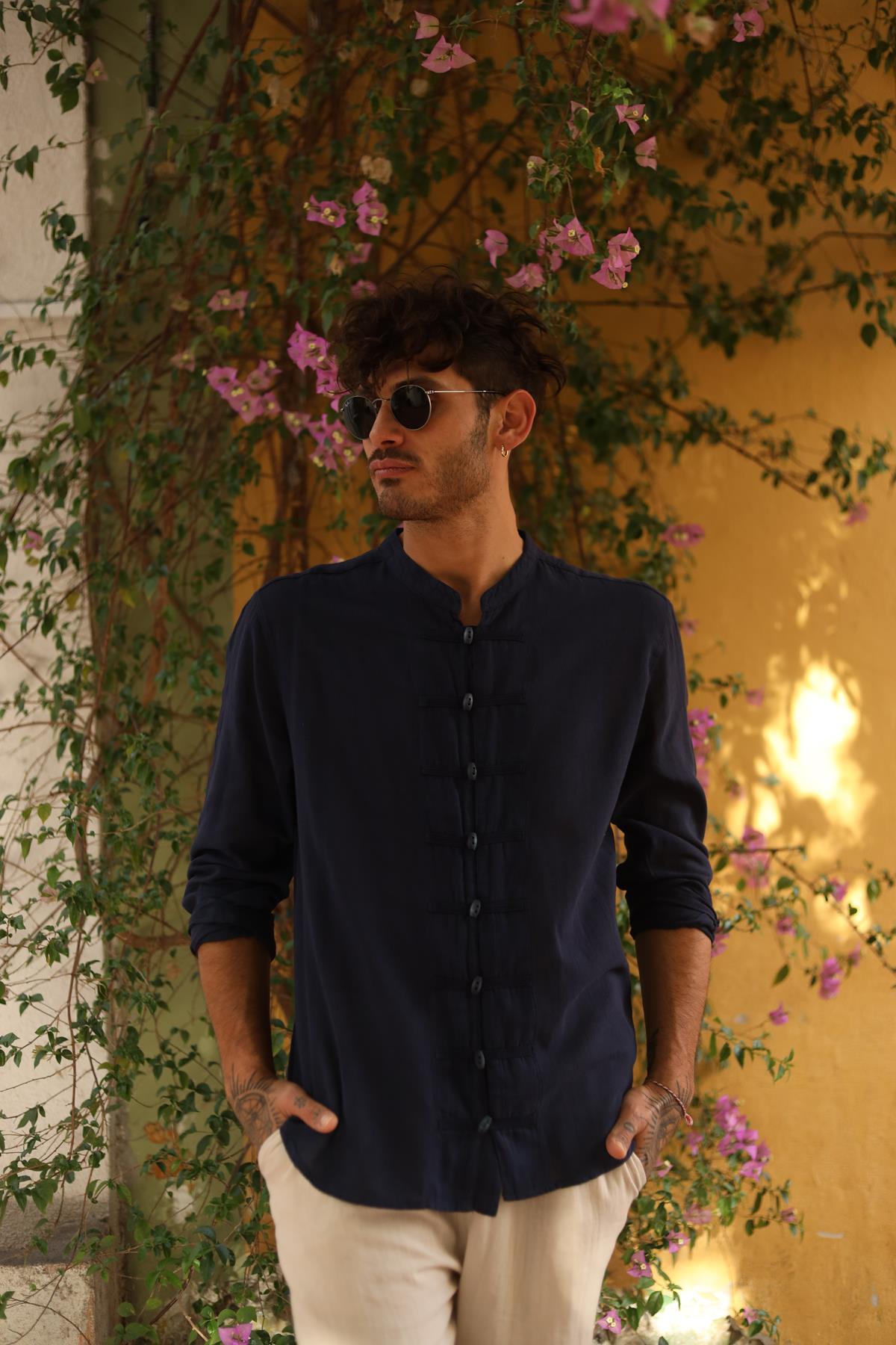 Navy Blue Mandarin Collar Mens Shirt