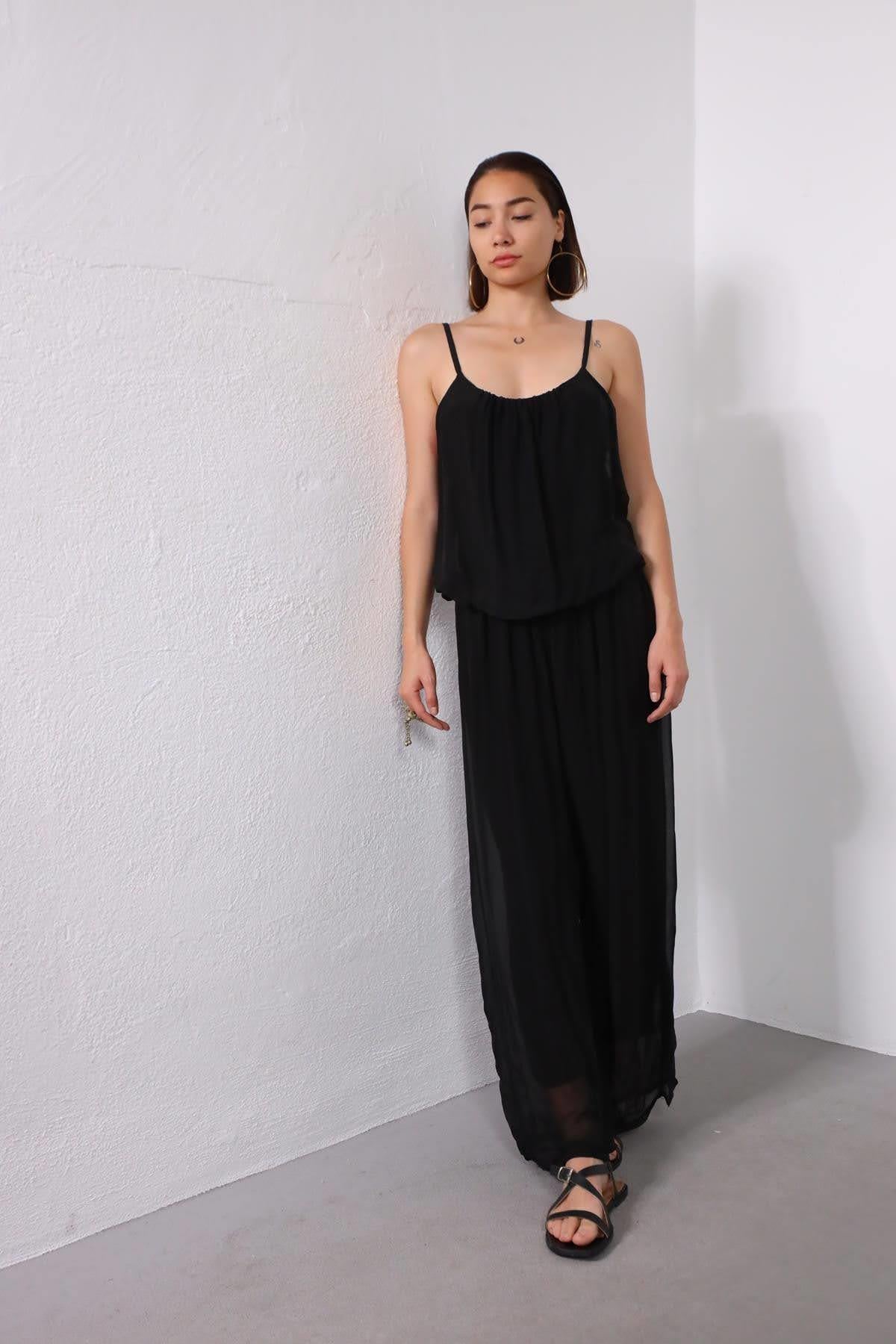 Siyah İnce Askılı Katlı İpek Tulum - Şaman Butik Siyah İnce Askılı Katlı İpek Tulum