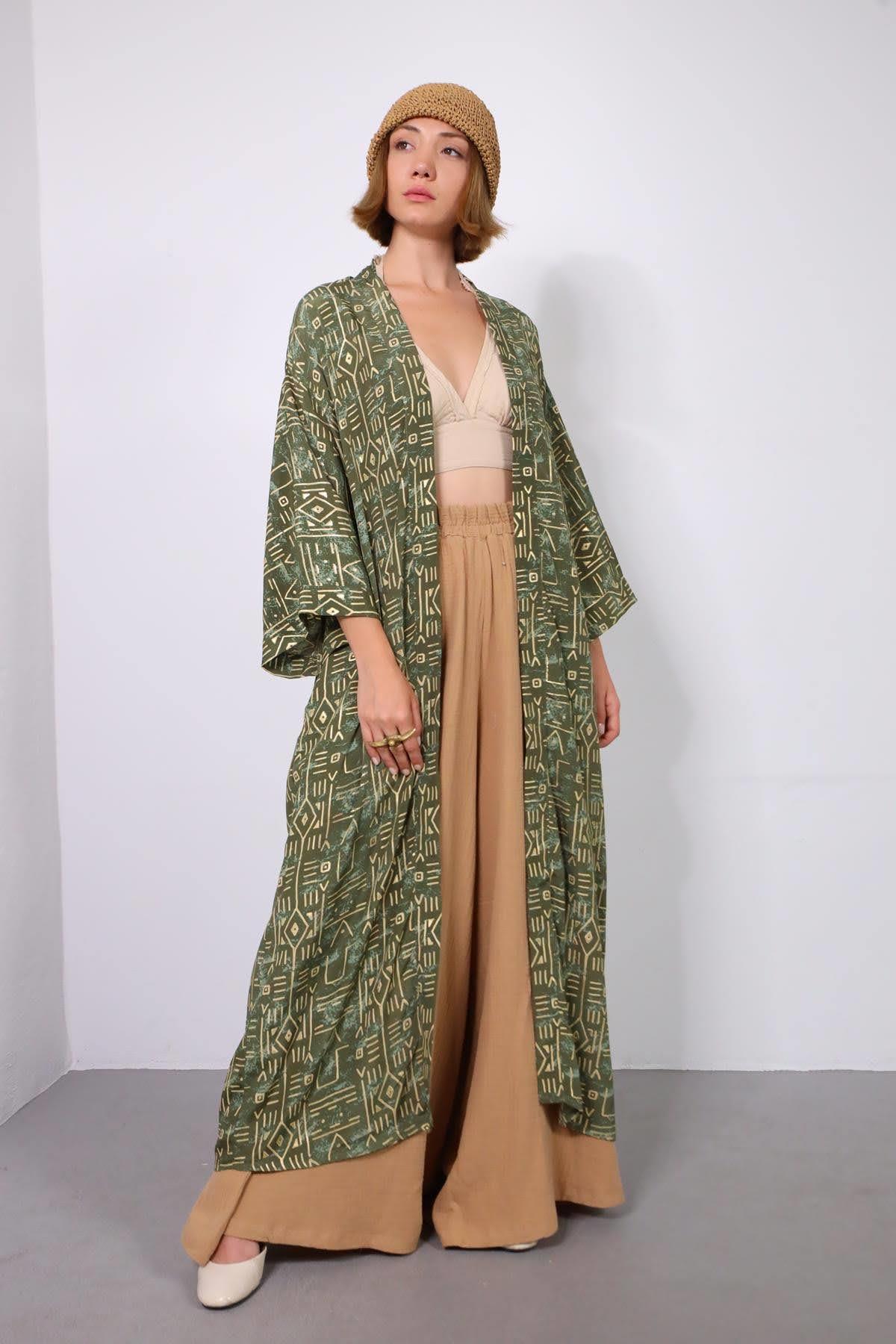  Haki Desenli Gold Detaylı Kaftan