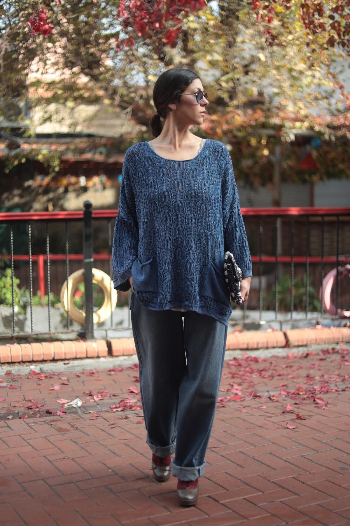 İndigo Mavi Örgü Desenli Yıkama Triko Tunik