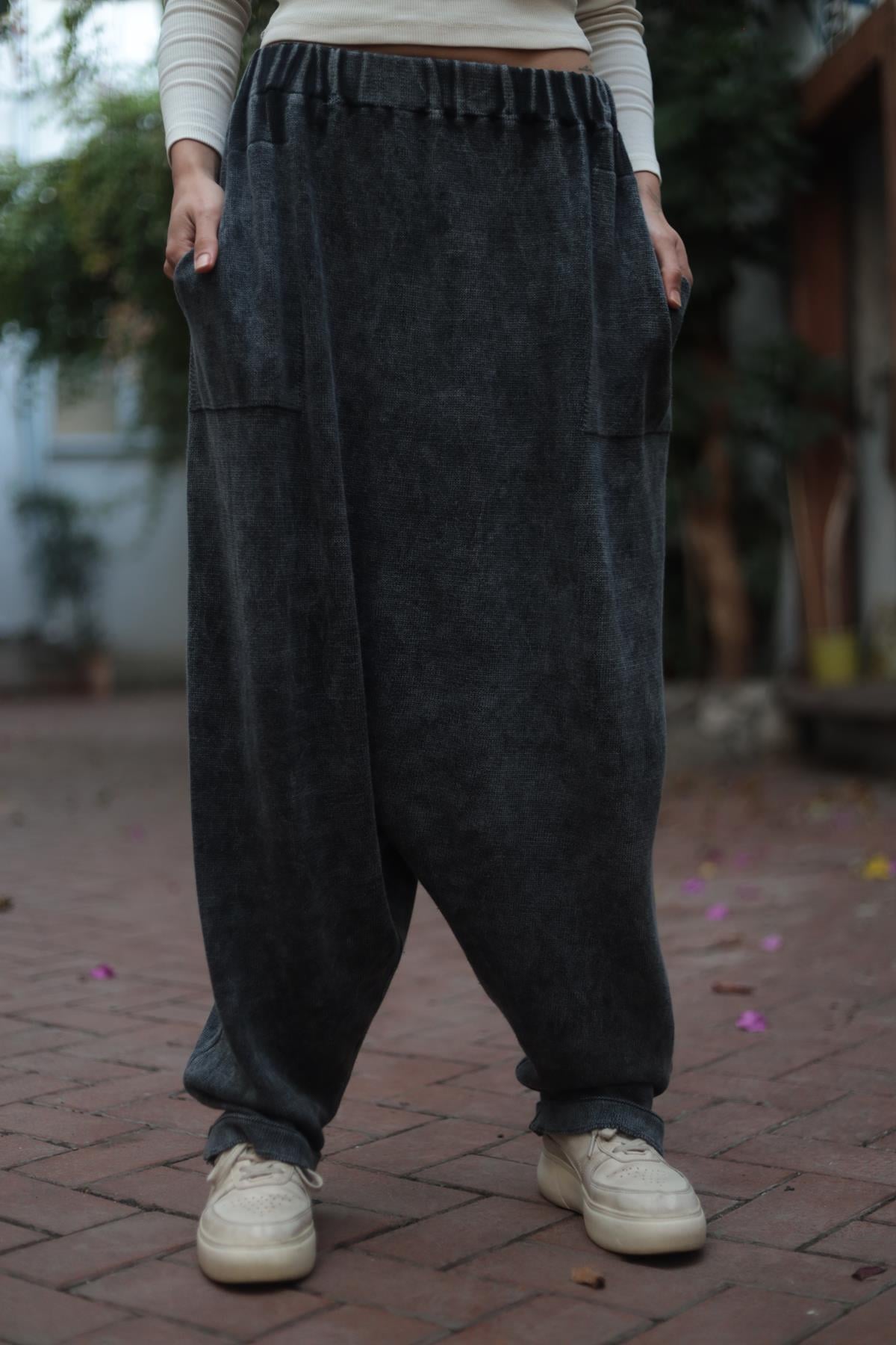 Antrasit Yıkamalı Triko Şalvar