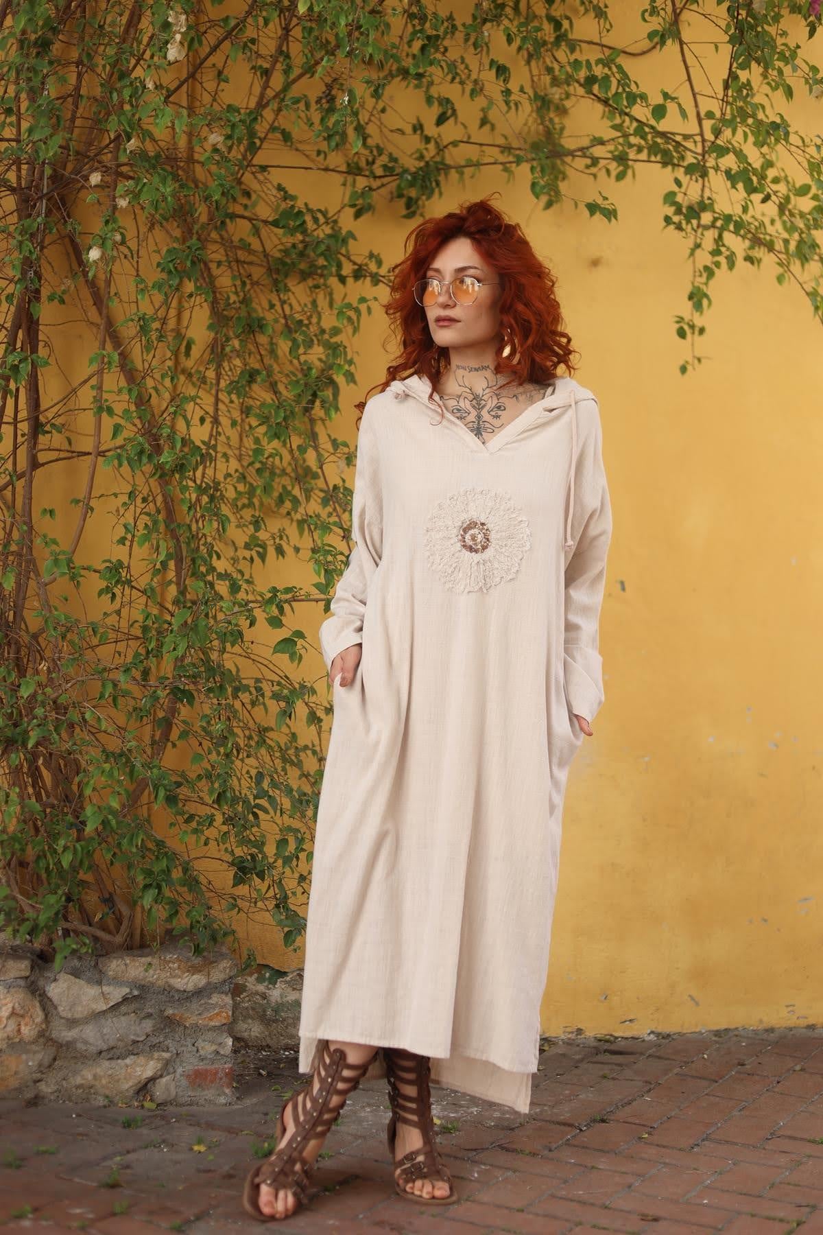 Cream Color Hooded Sequin Dress