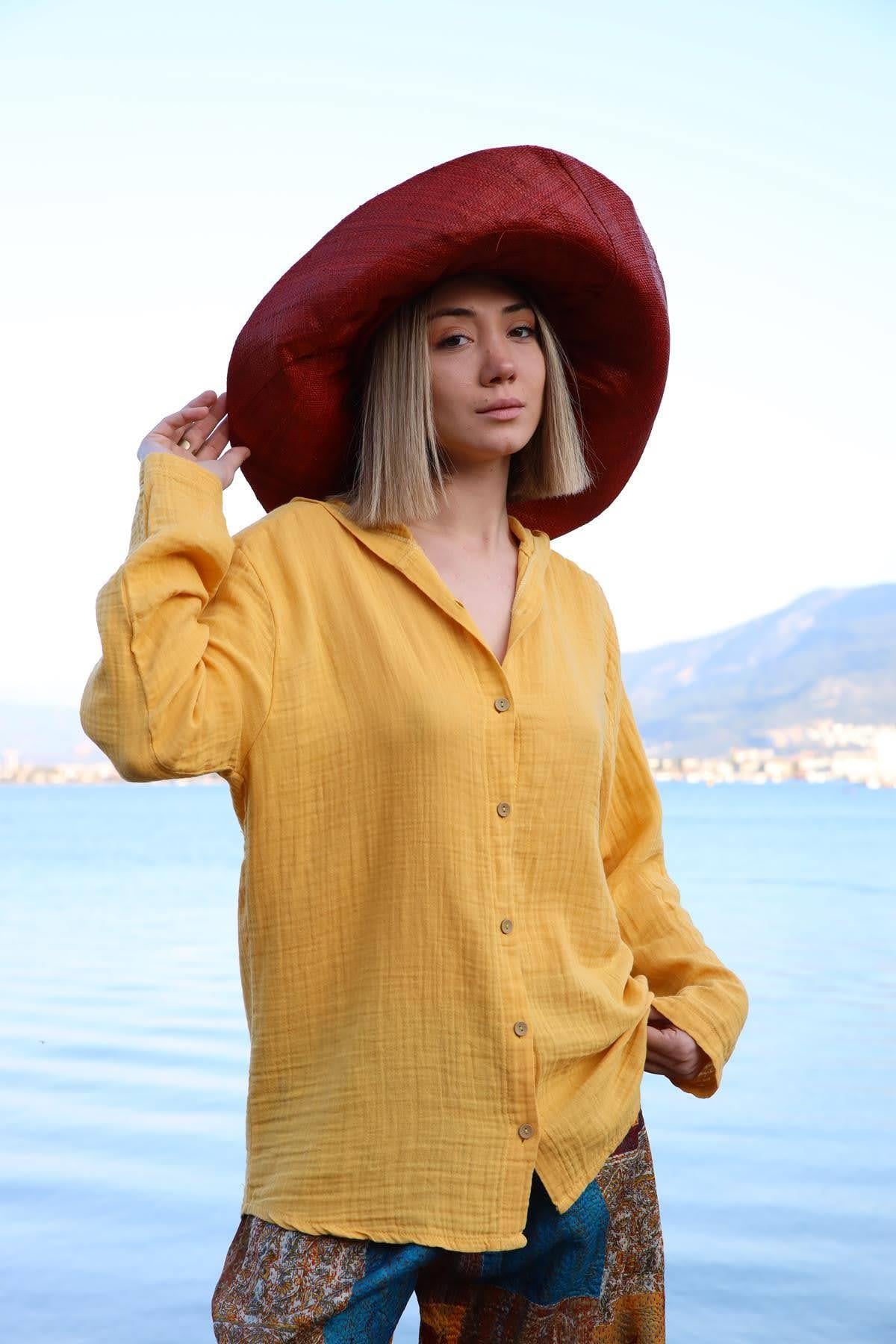 Sarı Kapüşonlu Müslin Gömlek - Şaman Butik Sarı Kapüşonlu Müslin Gömlek