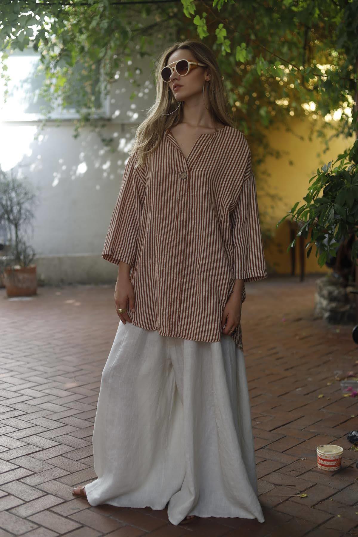 Cinnamon Color Striped Single Button Tunic