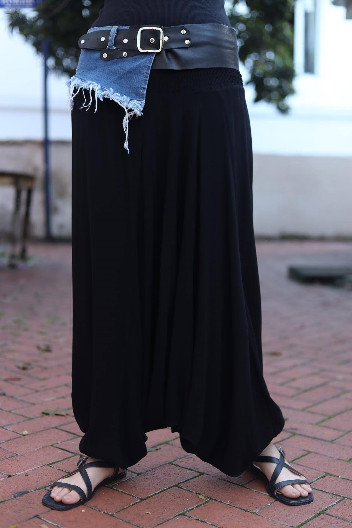 Black Denim Detailed Leather Belt