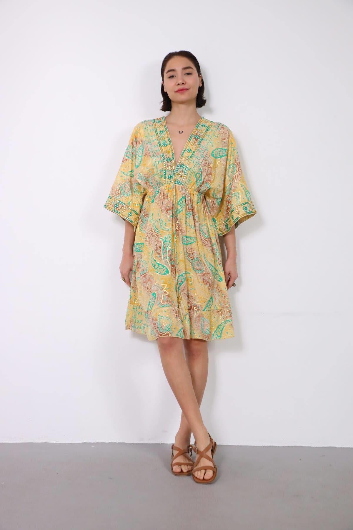 Sarı Önü Arkası V Yaka Otantik İpek Elbise - Şaman Butik Sarı Önü Arkası V Yaka Otantik İpek Elbise