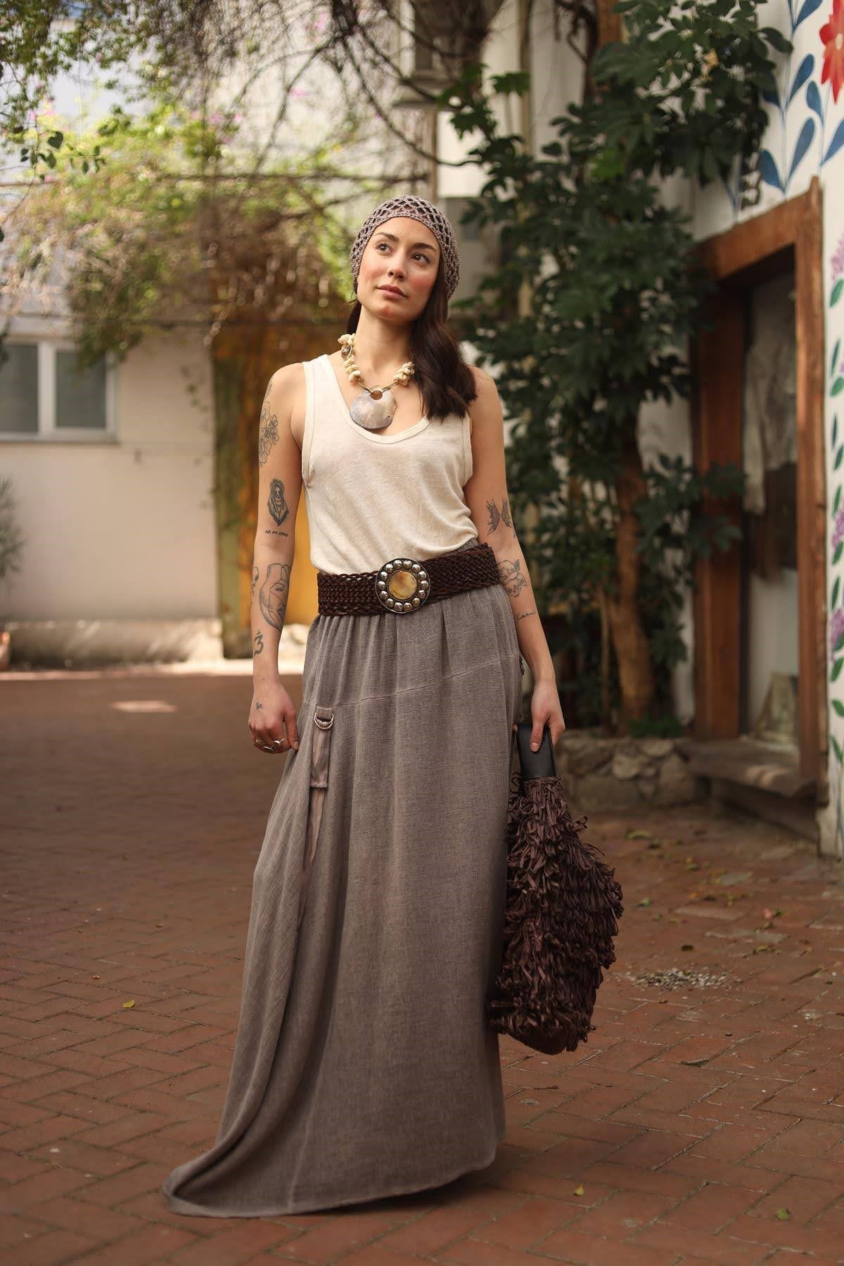 Vizon Rengi Ayarlanabilir Askılı Soft Keten Etek