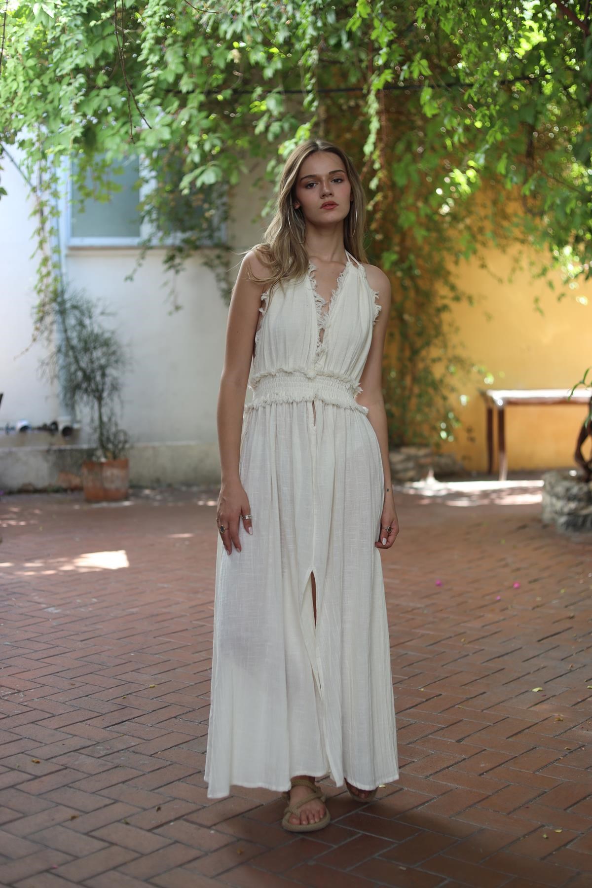 Cream Color Strappy Low Cut Dress