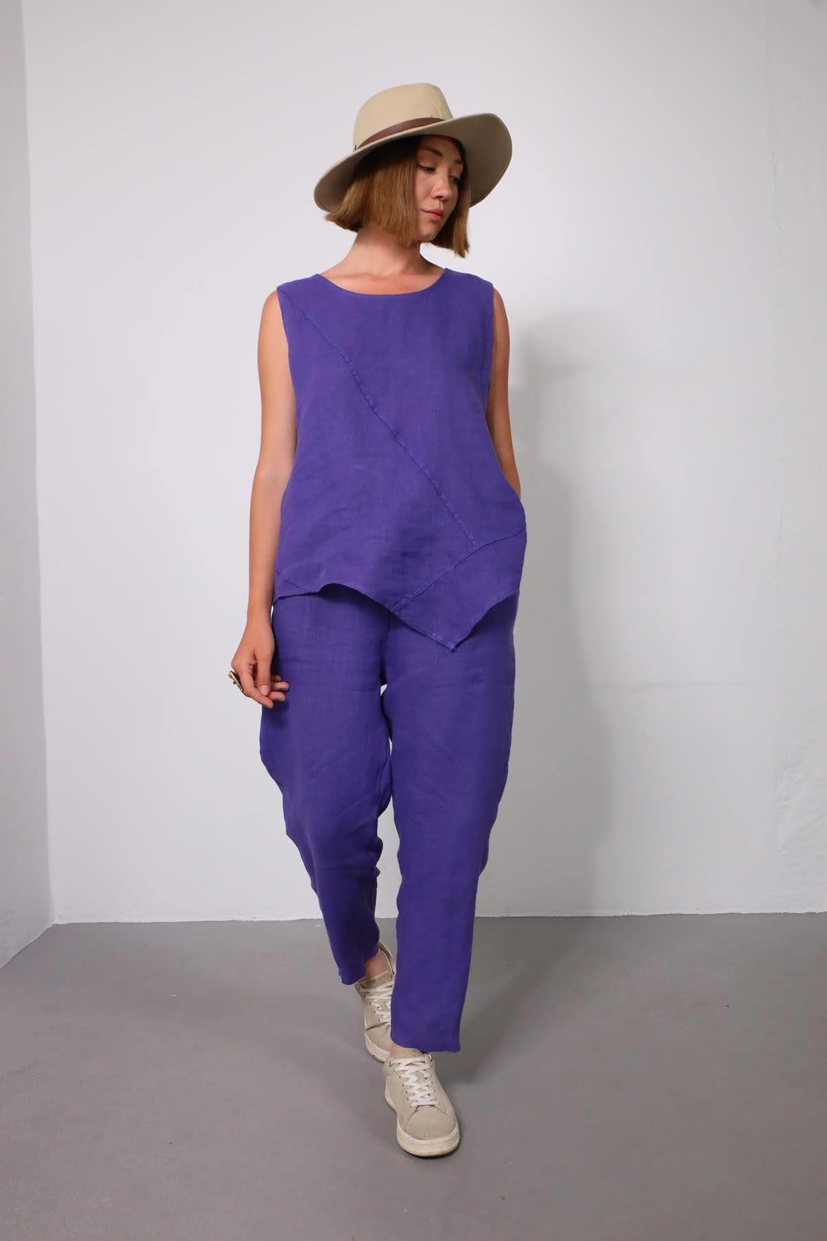 Mor Dikişli Sıfır Kol Bluz ve Pantolon Keten Takım - Şaman Butik Mor Dikişli Sıfır Kol Bluz ve Pantolon Keten Takım