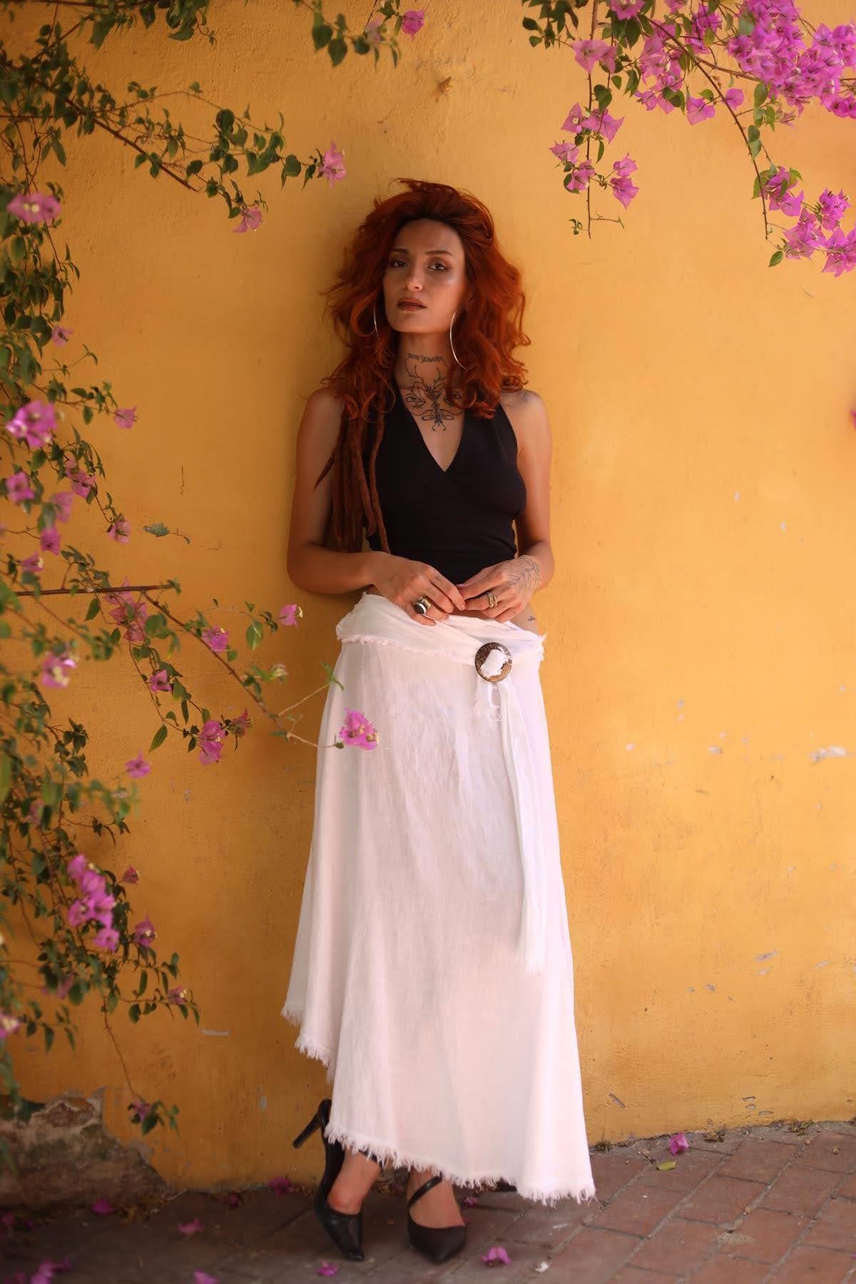 White Fringe Detail Linen Skirt