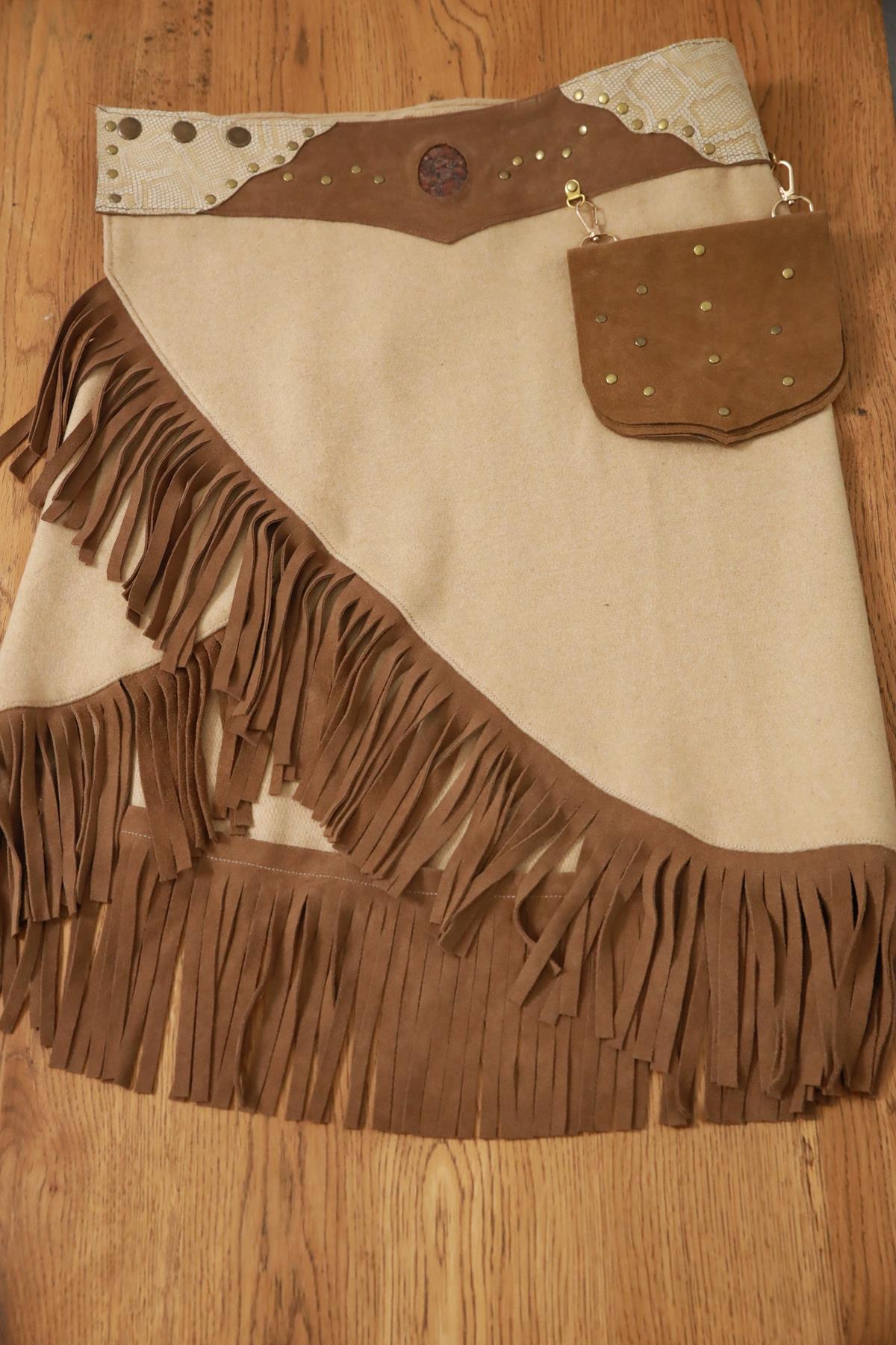 Mink Color Stone and Suede Detailed Pocket Skirt