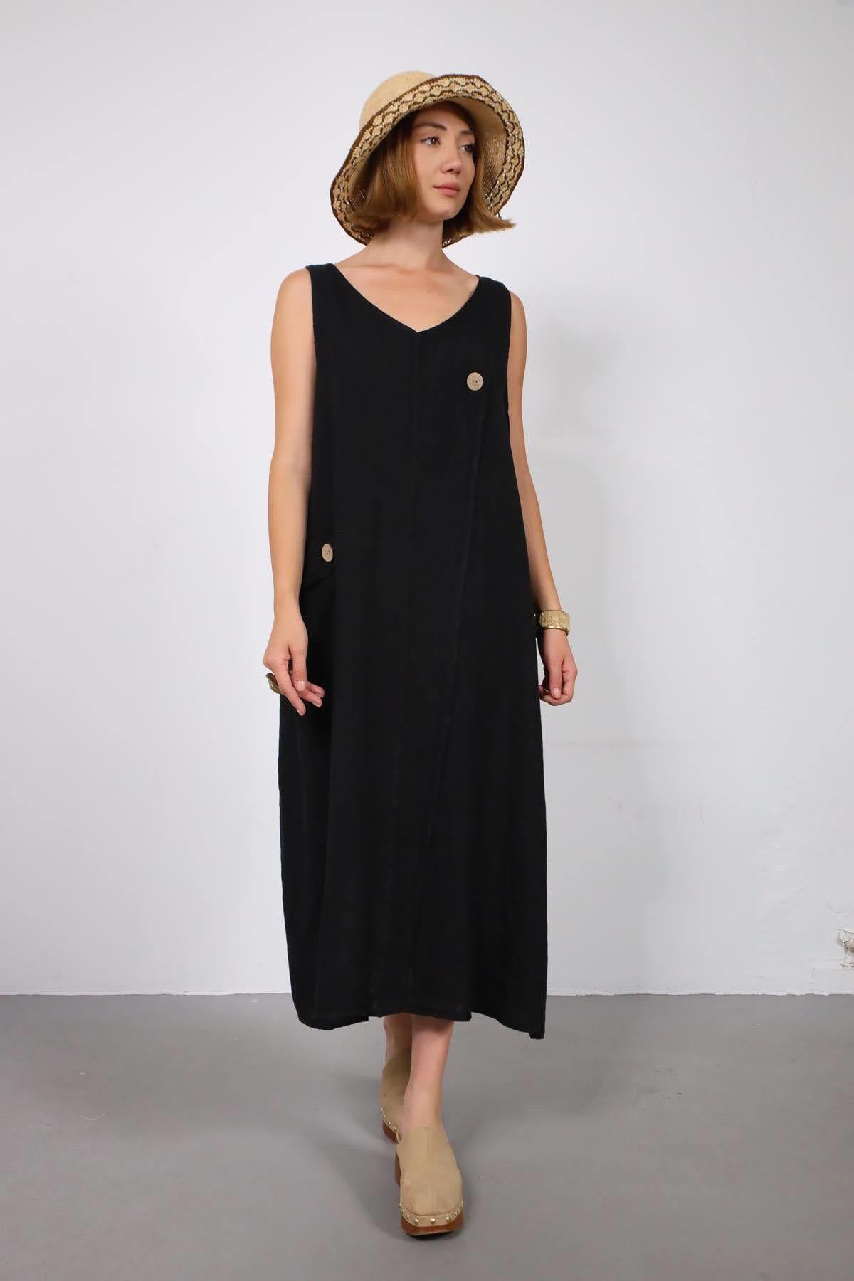 Siyah Düğme Detaylı Kruvaze Parçalı Keten Elbise - Şaman Butik Siyah Düğme Detaylı Kruvaze Parçalı Keten Elbise