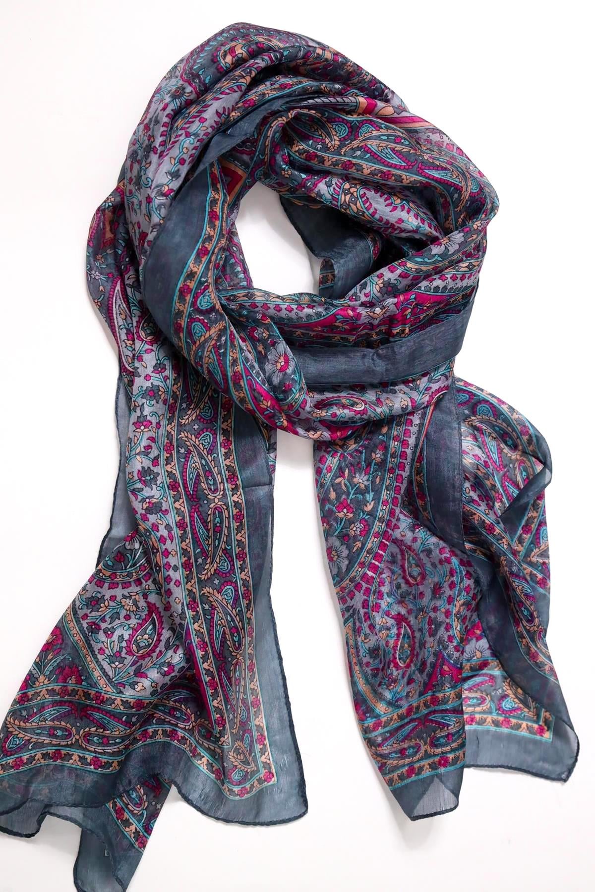 Antrasit Desenli İpek Şal - Şaman Butik Antrasit Desenli İpek Şal