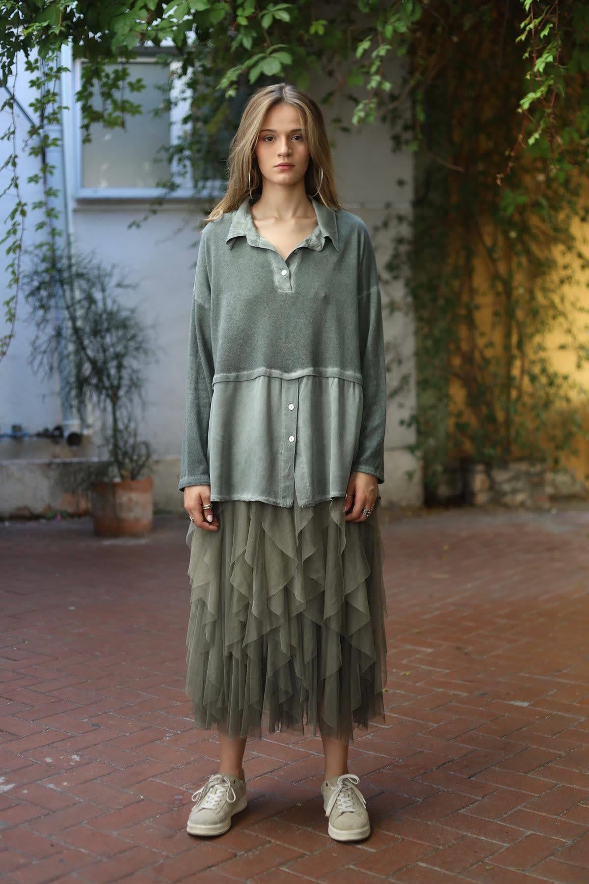 Haki Parçalı Gömlek Bluz
