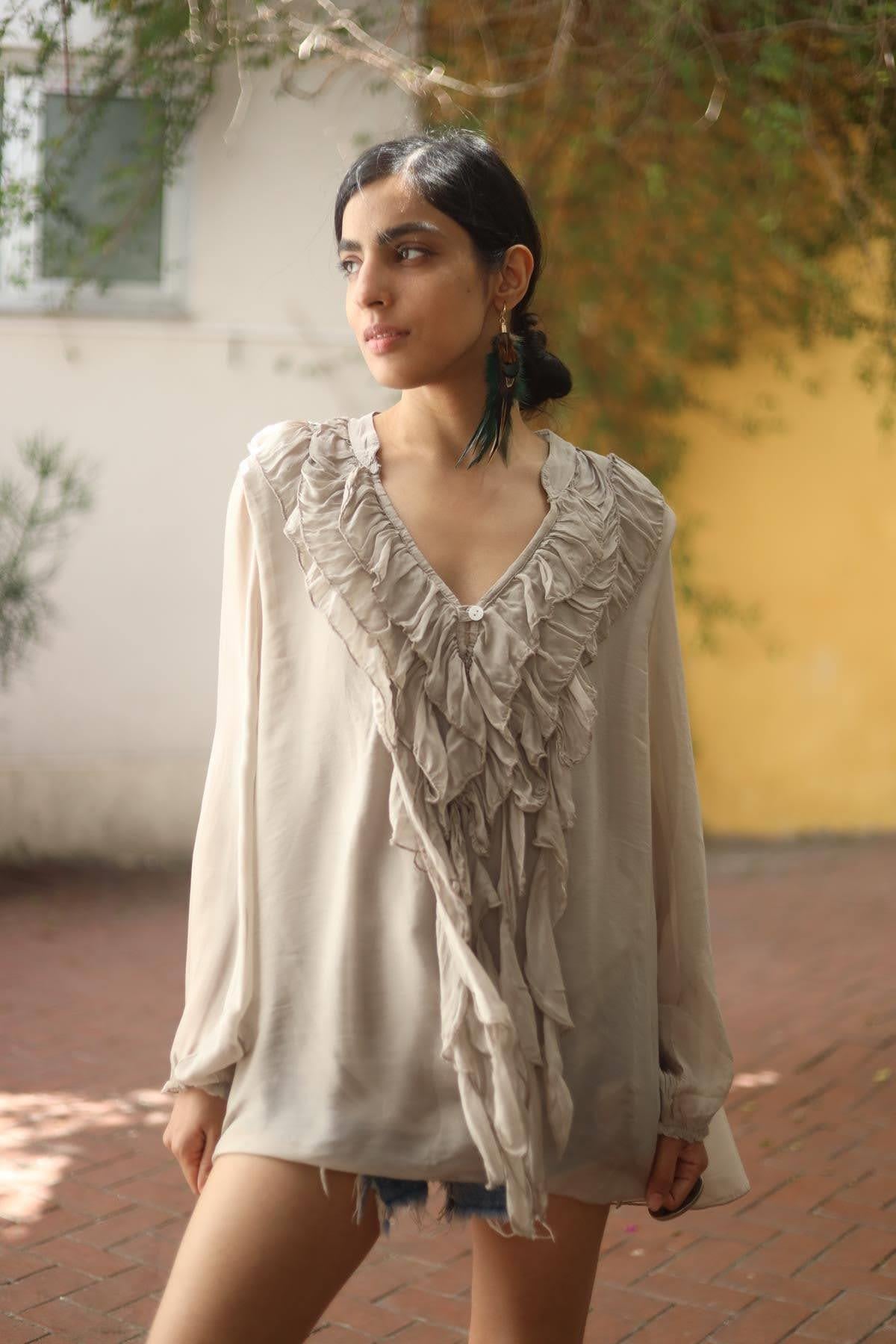 Mink Color Ruffled Single Button Silk Blouse