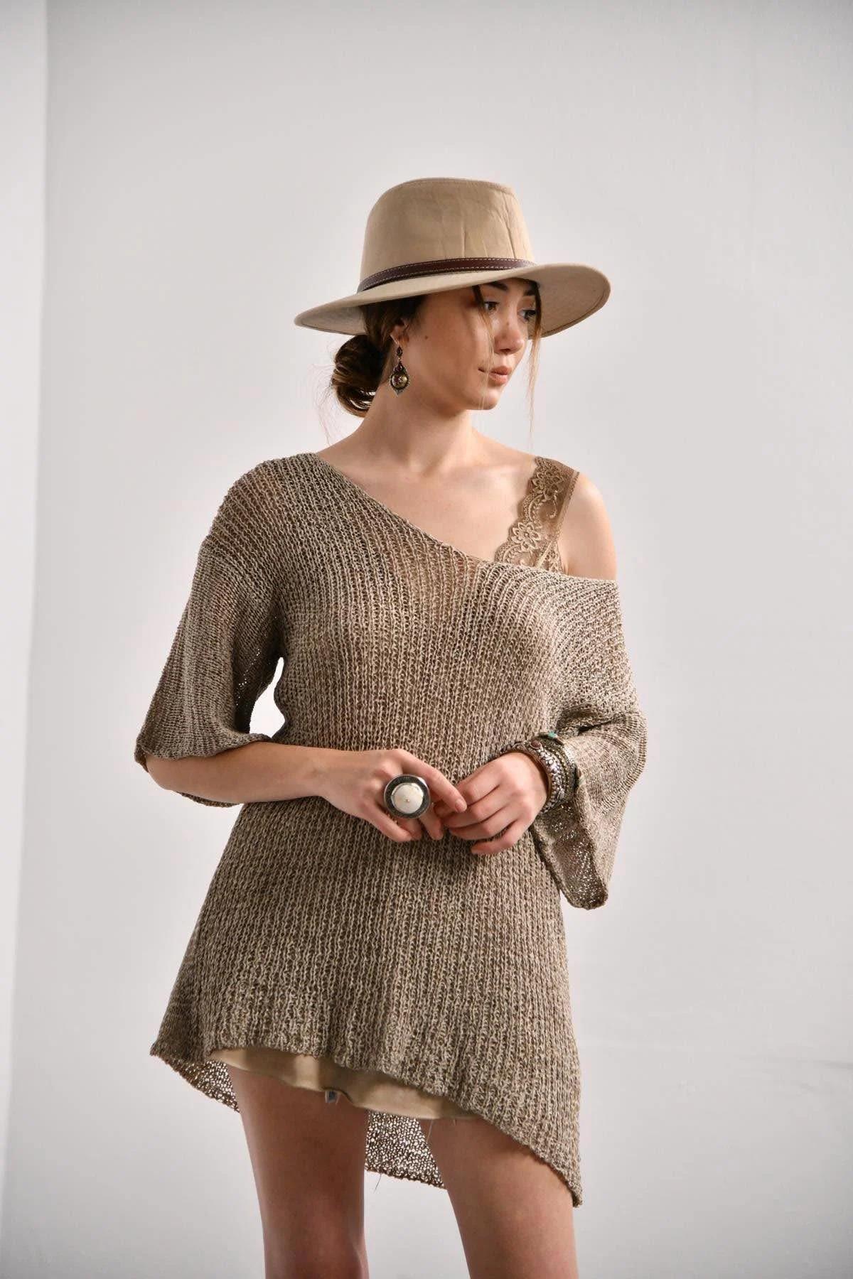 Vizon Rengi Yetim Kol V Yaka Merserize Bluz