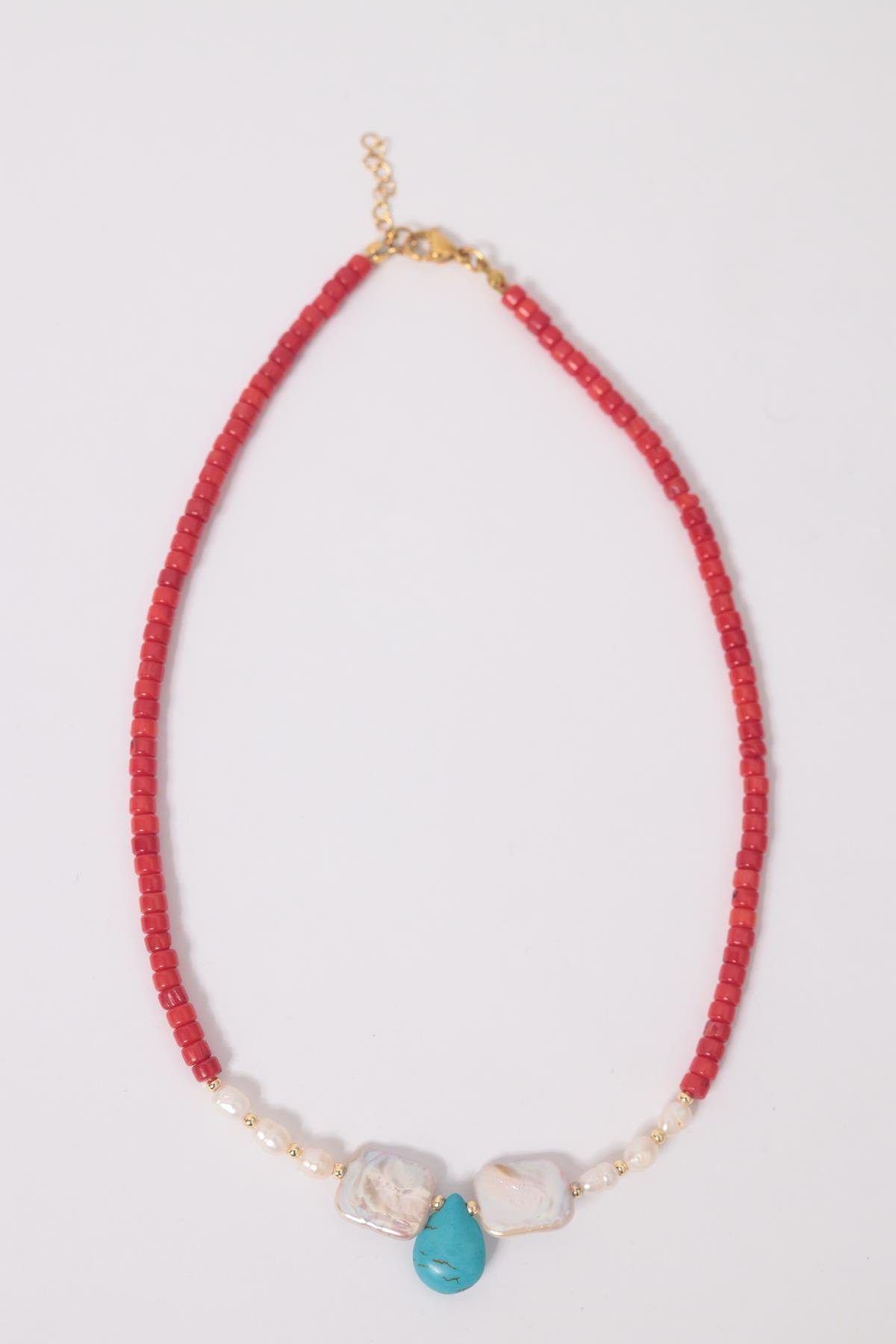 Mercan Sedef Ve Turkuaz Detaylı Kolye