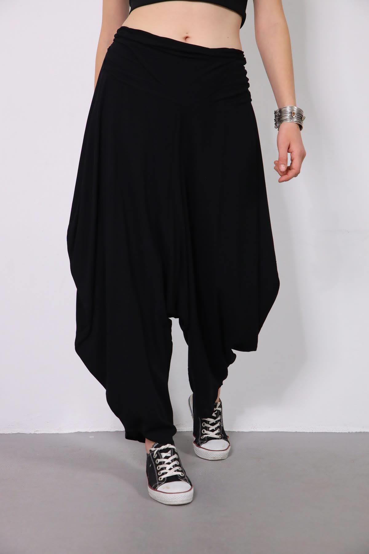 Siyah Drape Bel Dökümlü Şalvar - Şaman Butik - Bohem Giyim ve Aksesuar | Kadın & Erkek Siyah Drape Bel Dökümlü Şalvar