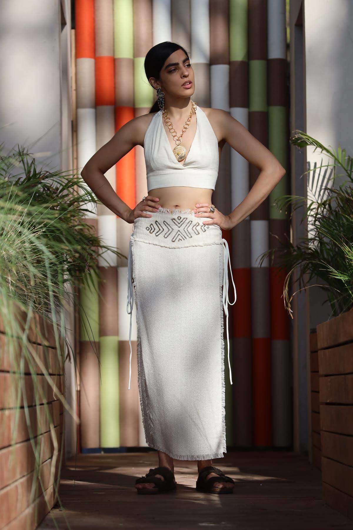 Cream Color Patterned Skirt