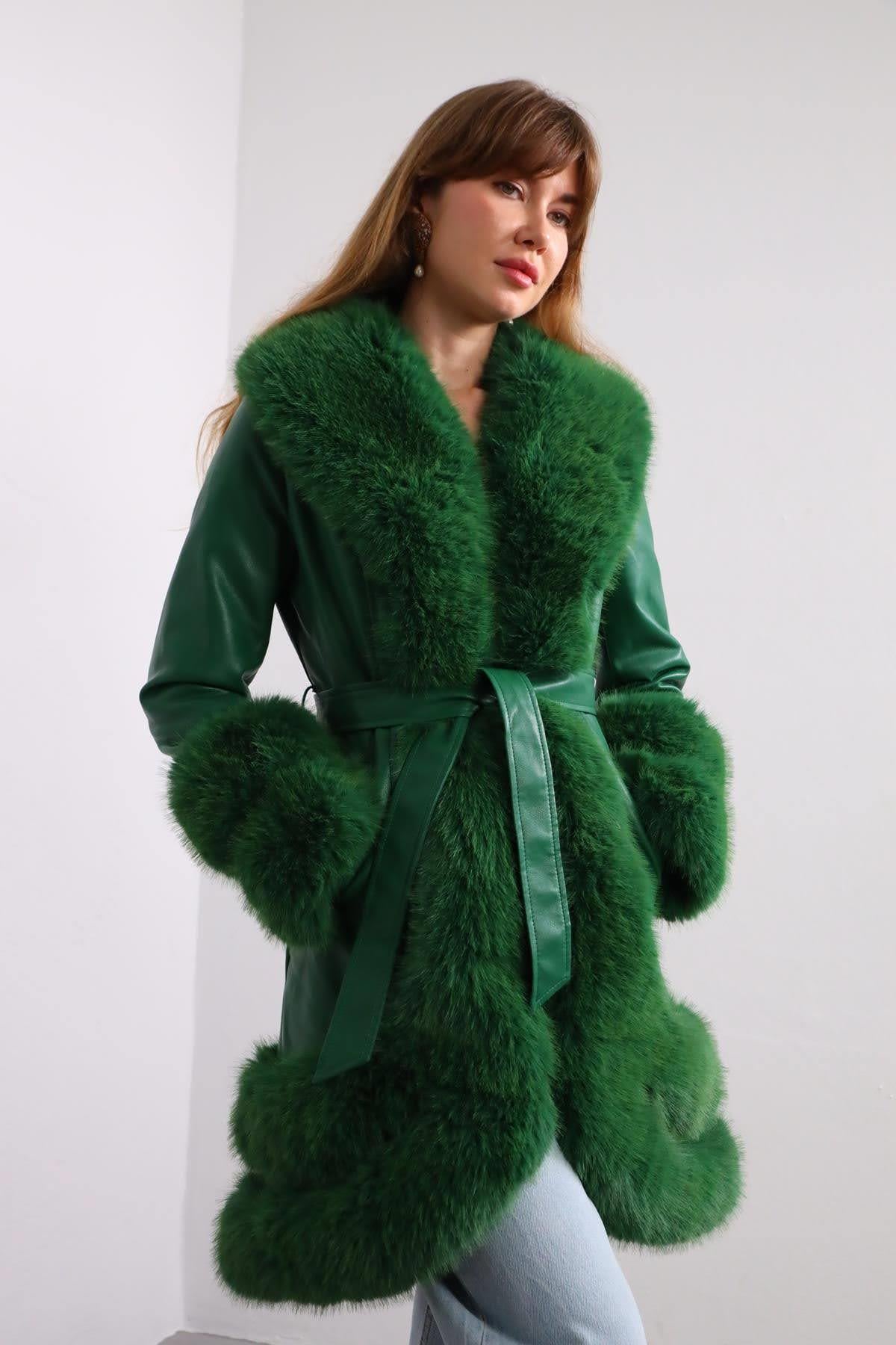Yeşil Kürk Detaylı Deri Kaban - Şaman Butik - Bohem Giyim ve Aksesuar | Kadın & Erkek Yeşil Kürk Detaylı Deri Kaban