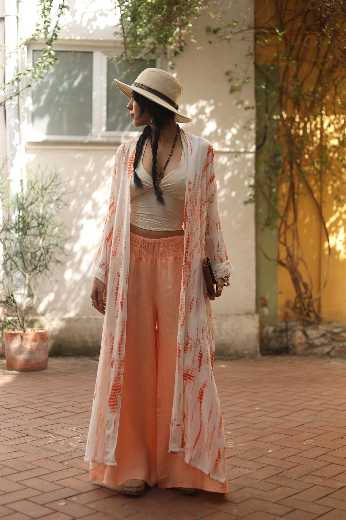 Beyaz Batikli Cepli Kaftan