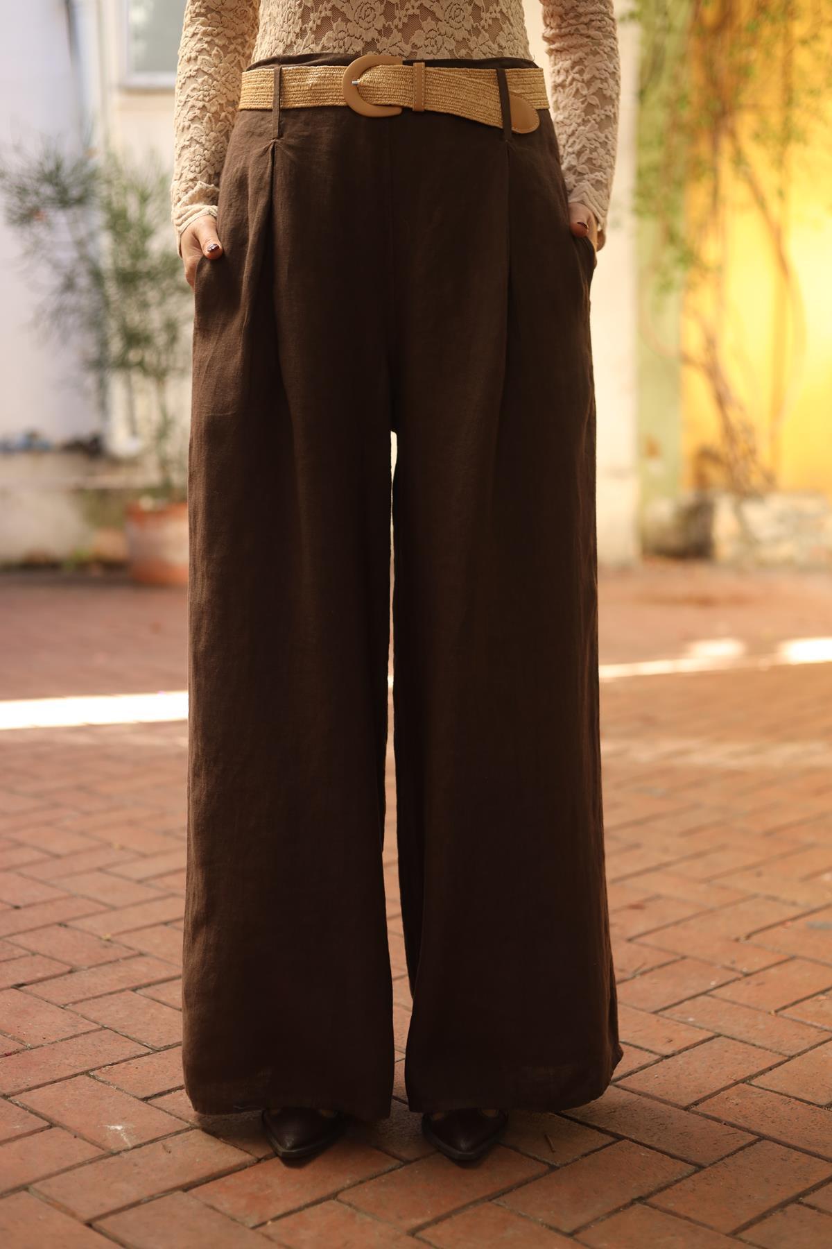 Kahverengi Beli Pileli Keten Palazzo Pantolon