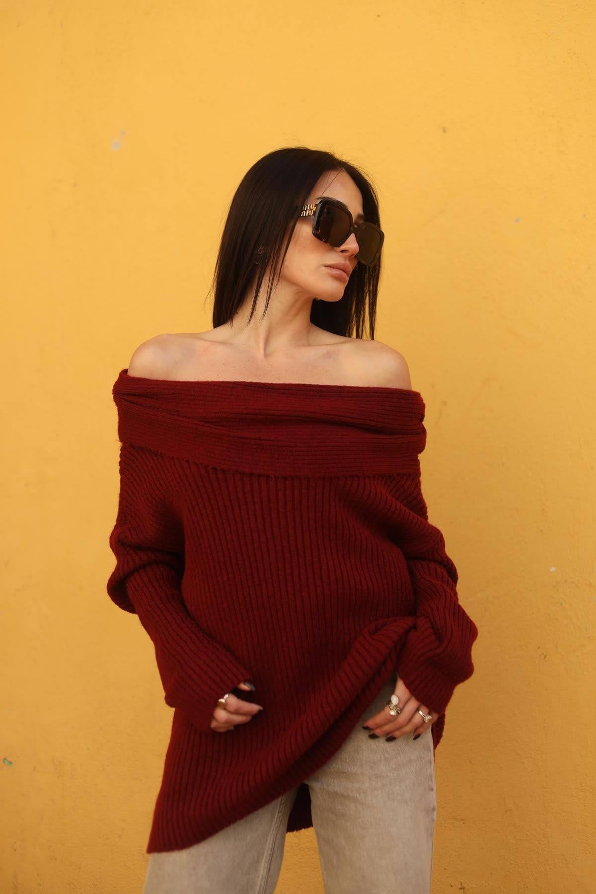 Bordo Pileli Madonna Yaka Fitilli Triko Bluz