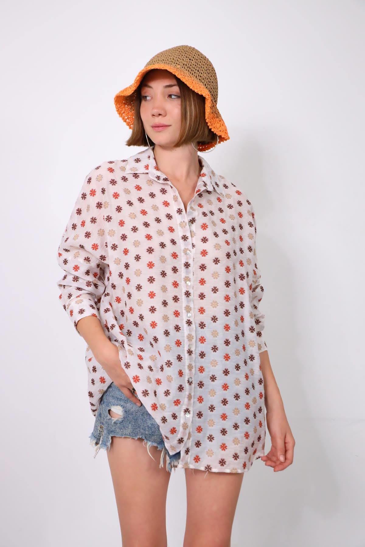 Ekru Desenli Oversize Gömlek - Şaman Butik Ekru Desenli Oversize Gömlek