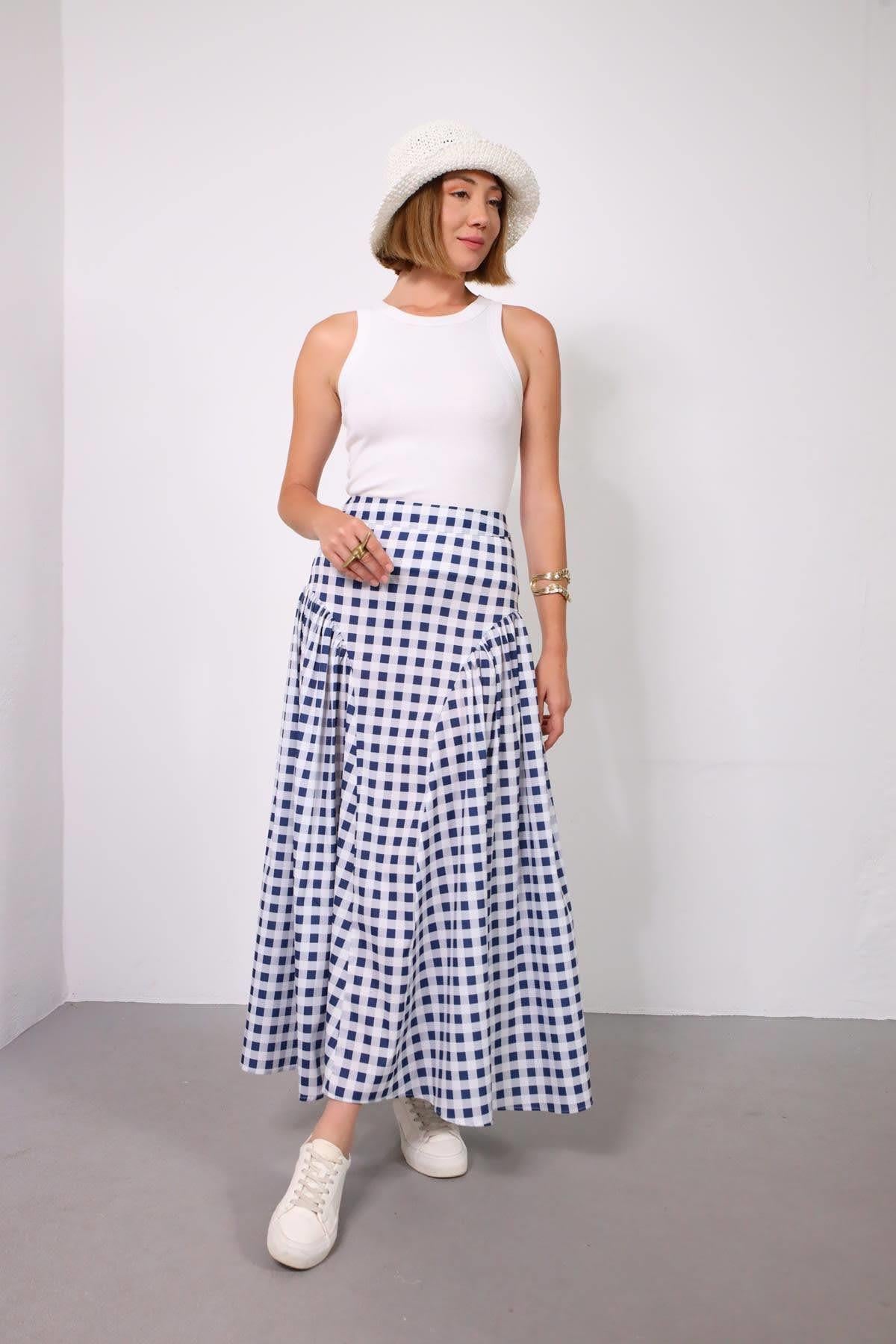 Lacivert Büzgülü Ekose Etek - Şaman Butik Lacivert Büzgülü Ekose Etek