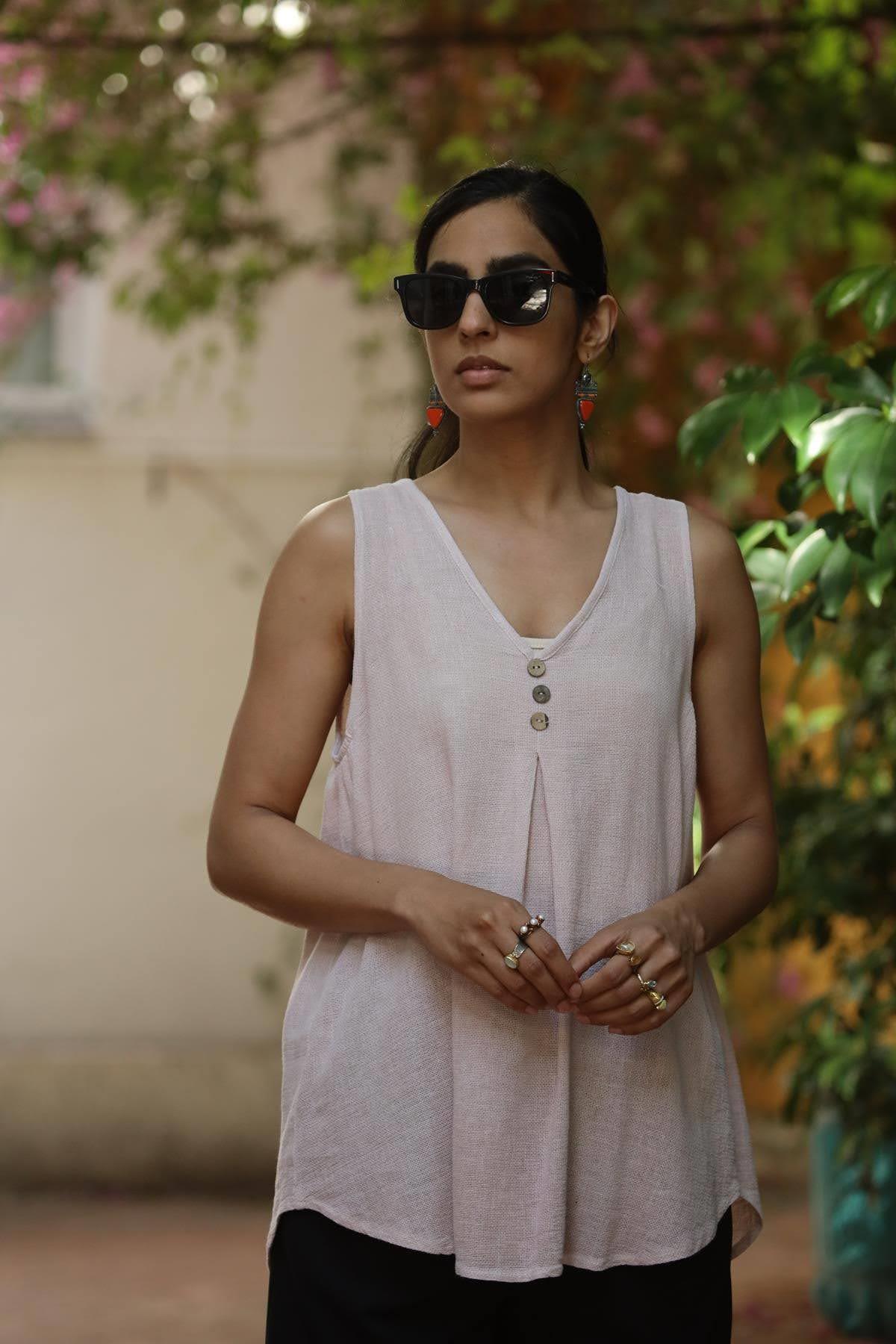 Powder Pink V Neck Sleeveless Blouse