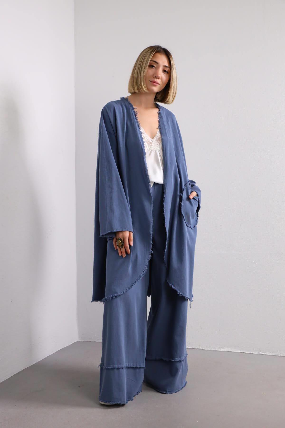 İndigo Mavi Cep Detaylı Püsküllü Kaftan - Şaman Butik İndigo Mavi Cep Detaylı Püsküllü Kaftan