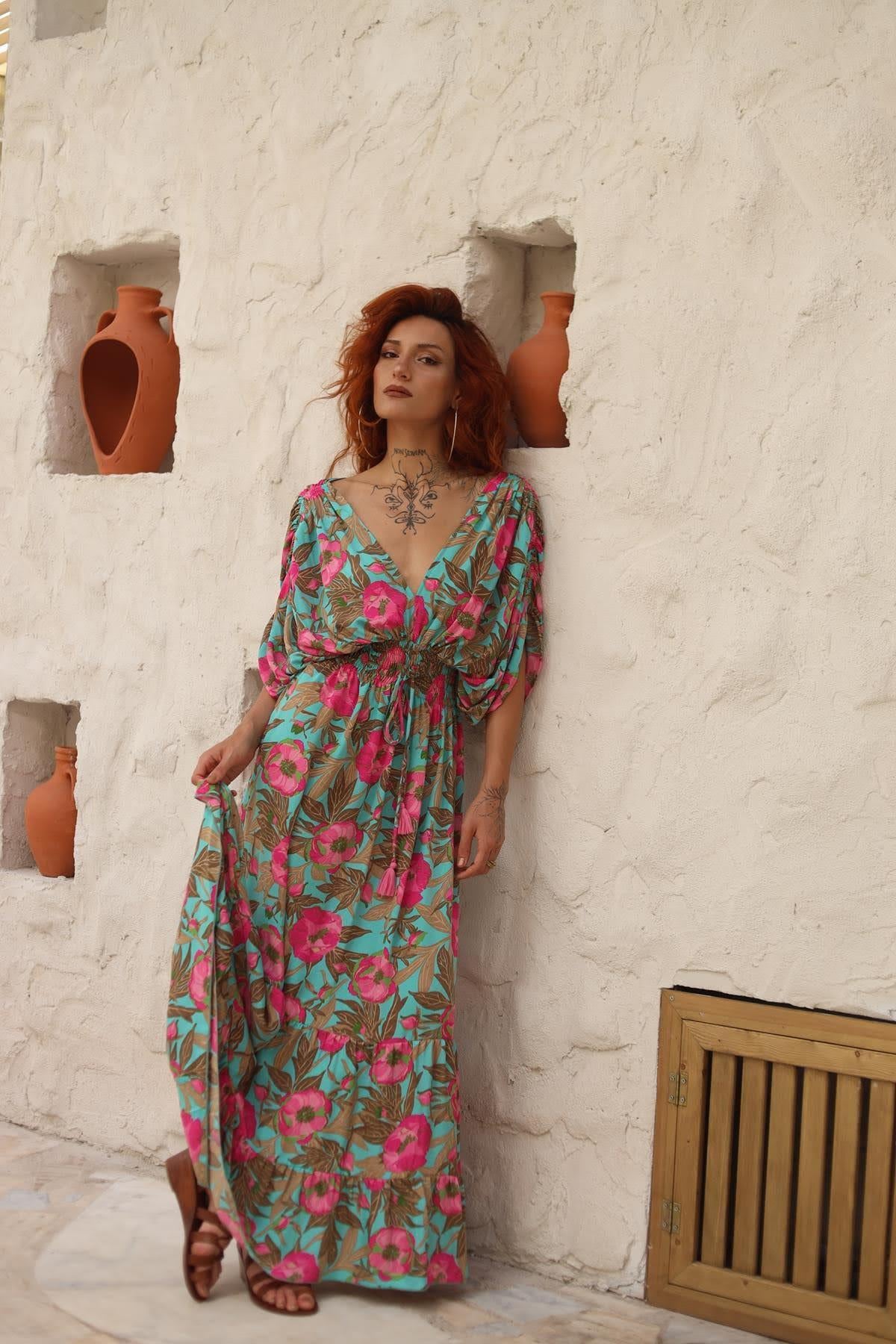 Turquoise Shoulder Detailed Authentic Silk Dress