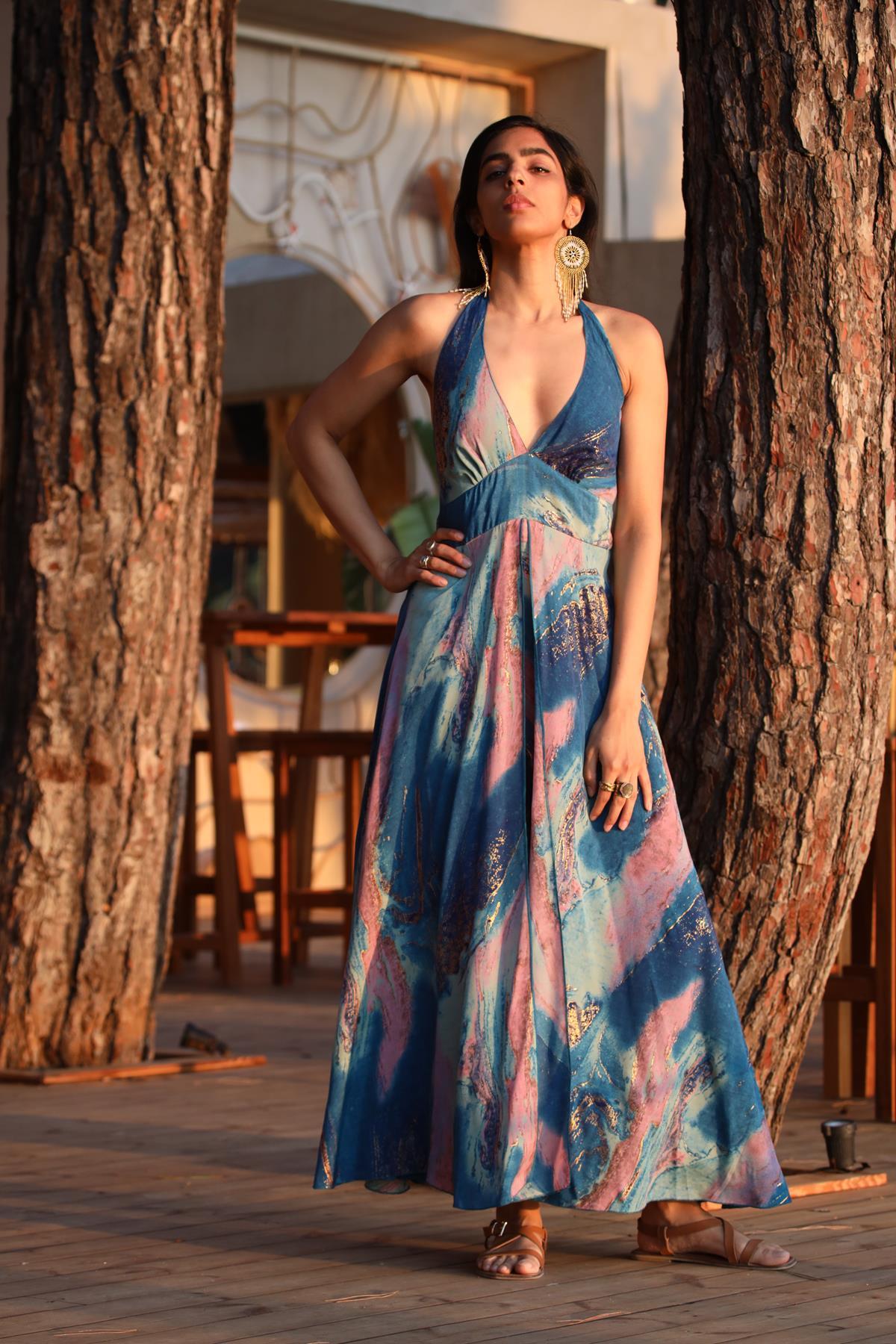 Turquoise Deep V Neck Tie Neck Silk Dress