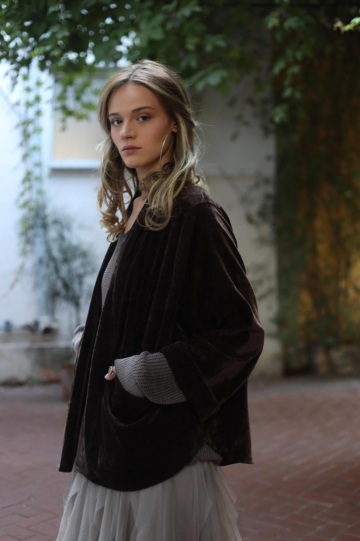 Brown Pocketed Velvet Jacket